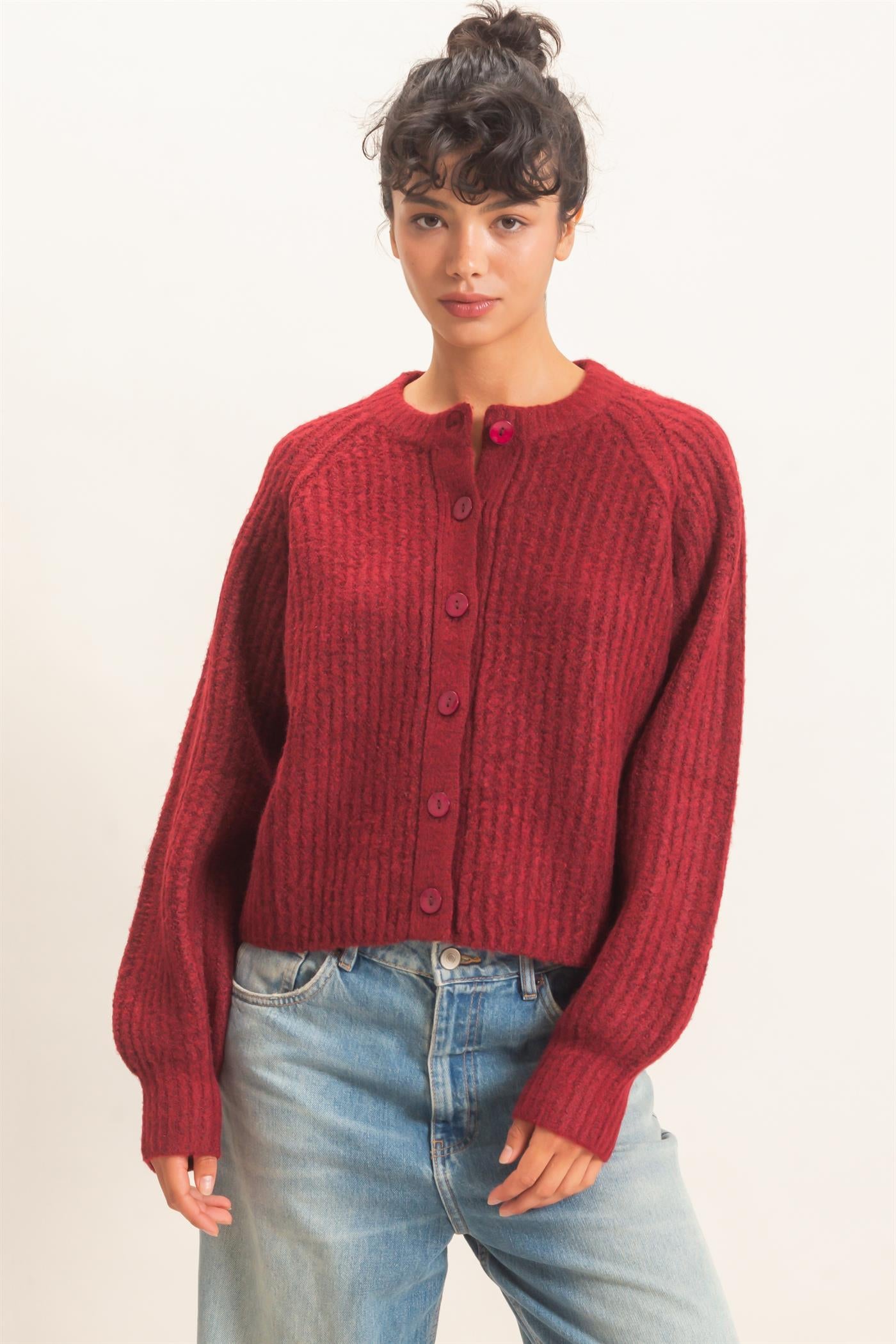 Wholesale Ribbed Button Front Cardigan Cardigans DZ26E109 BURGUNDY DOUBLE ZERO