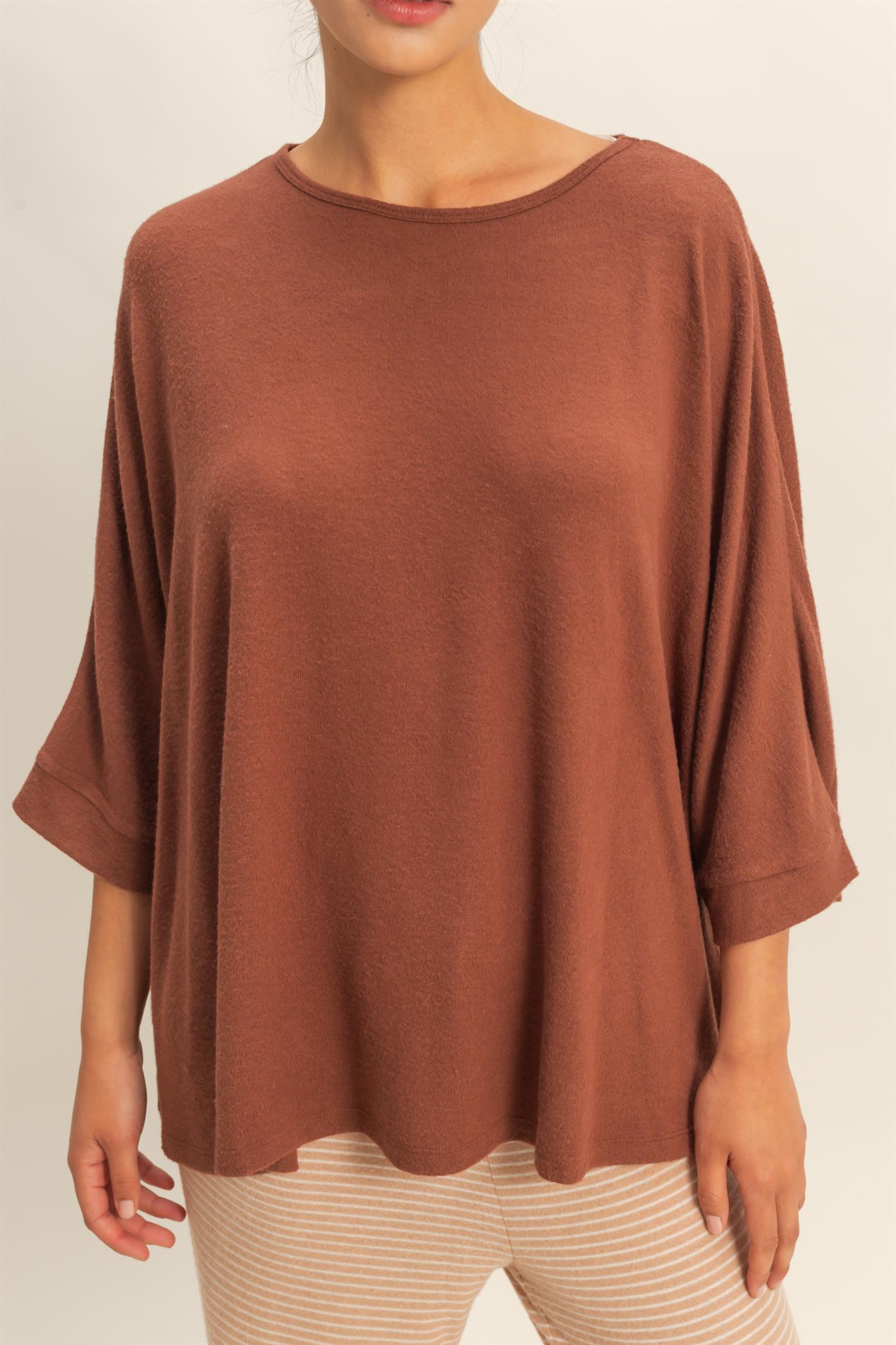 Wholesale Batwing 3/4 Sleeve Oversized Top Clothing Tops DZ25E133 CHESTNUT DOUBLE ZERO