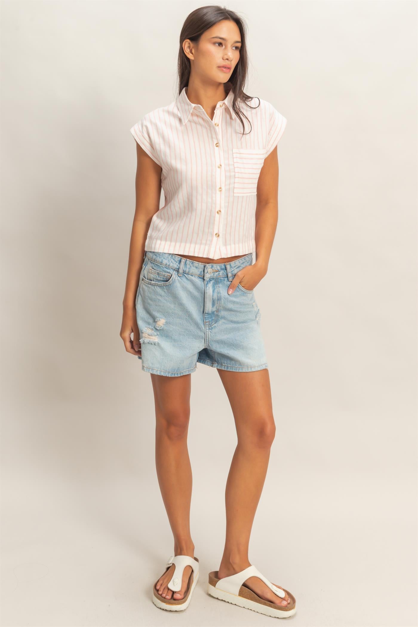 Wholesale Striped Sleeveless Button-Up Shirt Clothing Tops DZ26A206 PINK DOUBLE ZERO