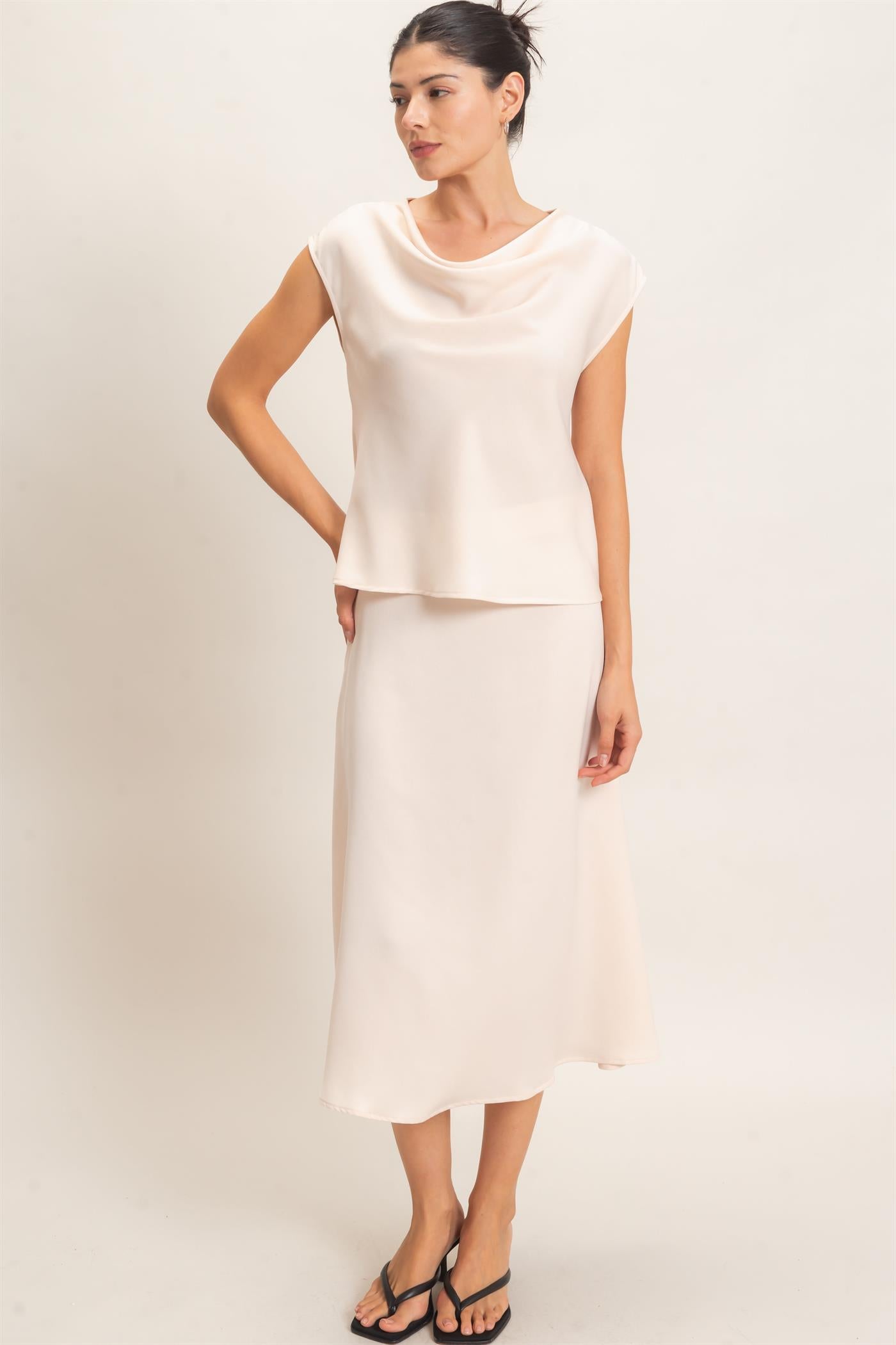 Wholesale Satin Cowl Neck Top And Skirt Set Clothing HF26C690-SET ALPACA HYFVE