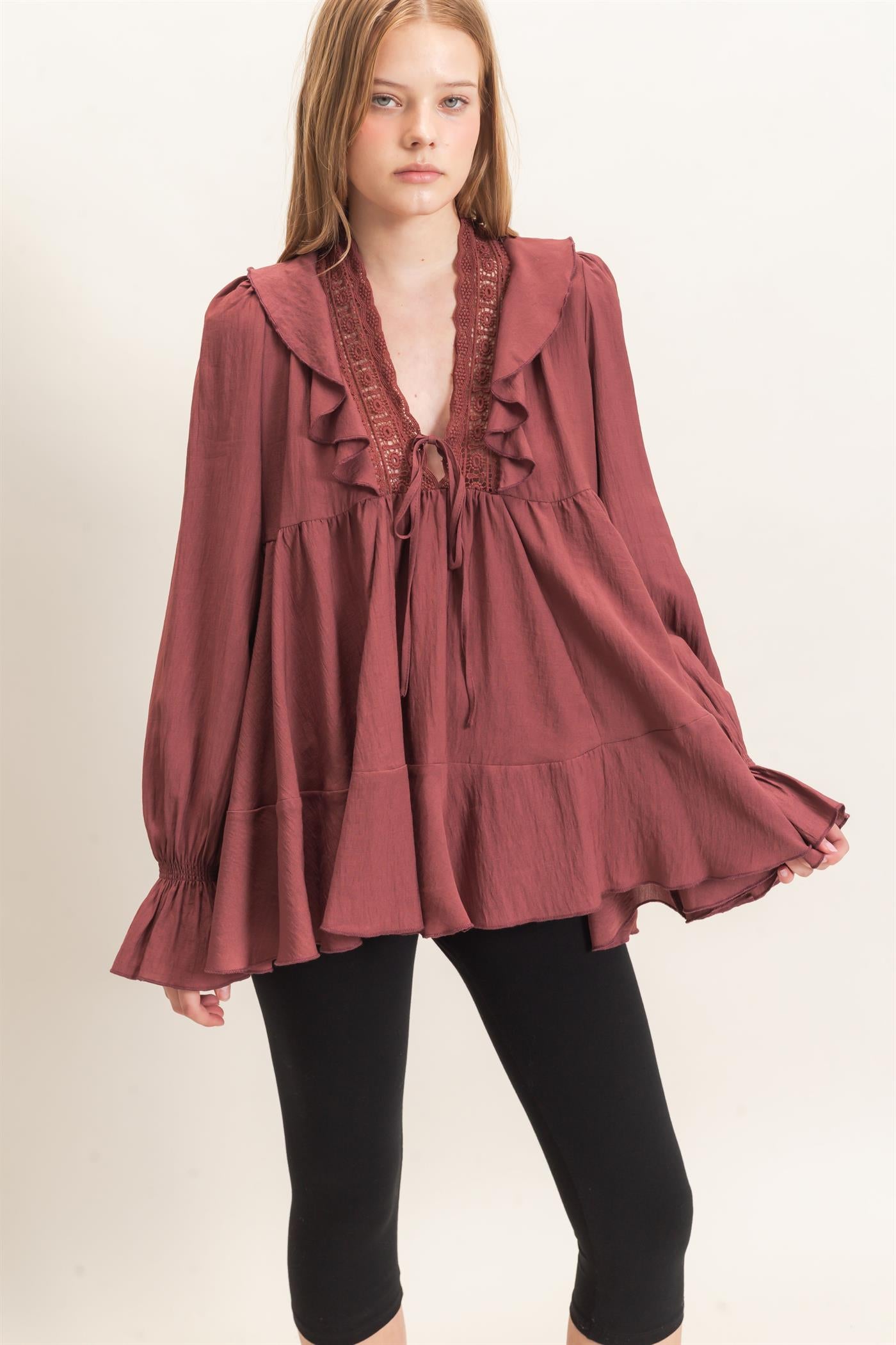 Wholesale Ruffle Lace Tie Neck Blouse Tunics HF26E642 MAROON HYFVE
