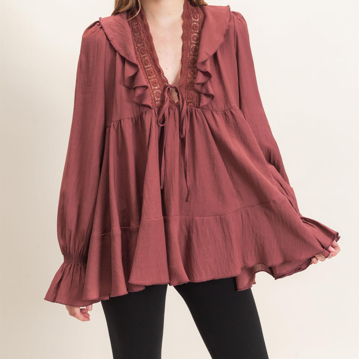 Ruffle Lace Tie Neck Blouse – HYFVE