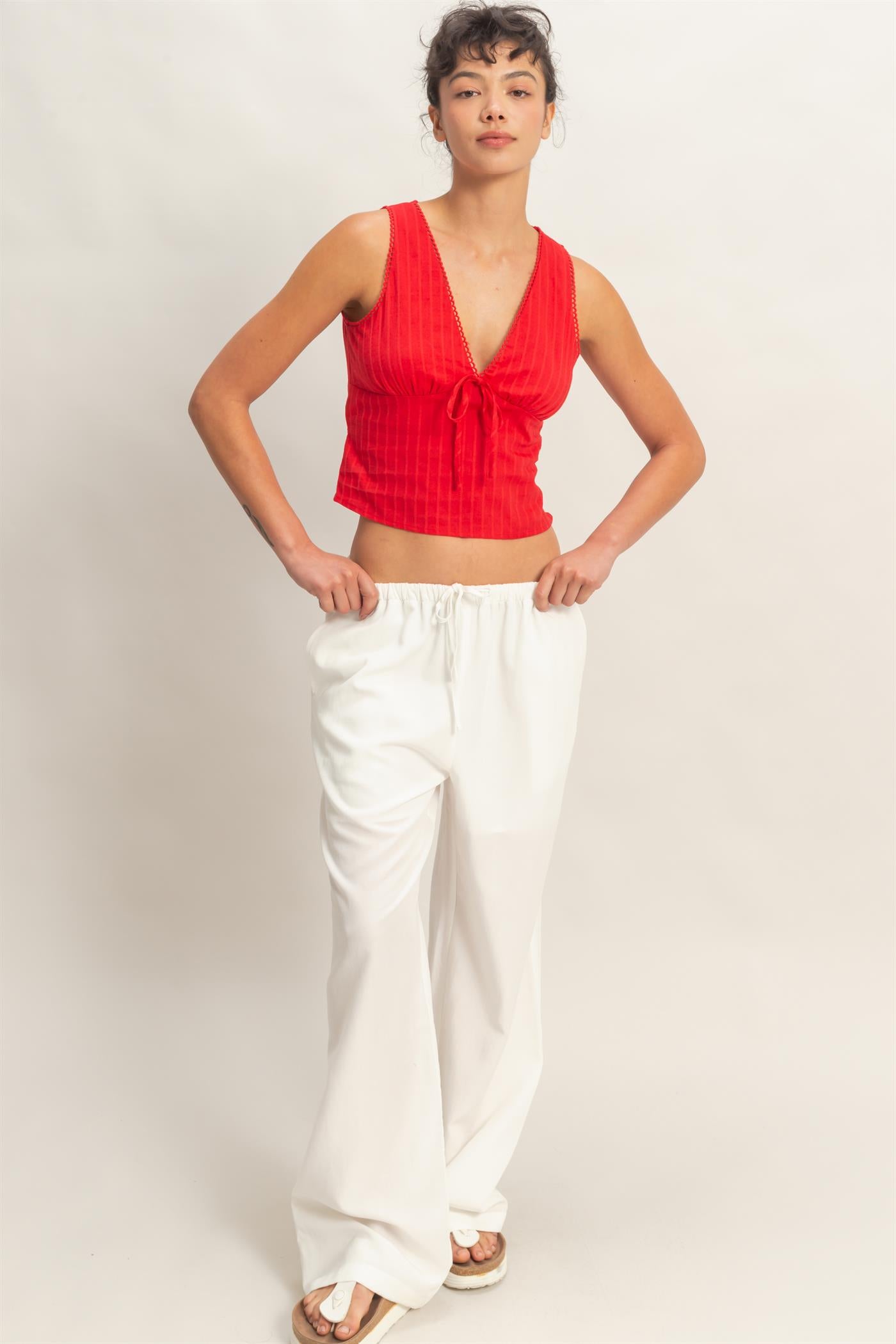 Wholesale Sleeveless Scallop Trim V-Neck Tie-Back Top Clothing Tops DZ26C185 RED DOUBLE ZERO