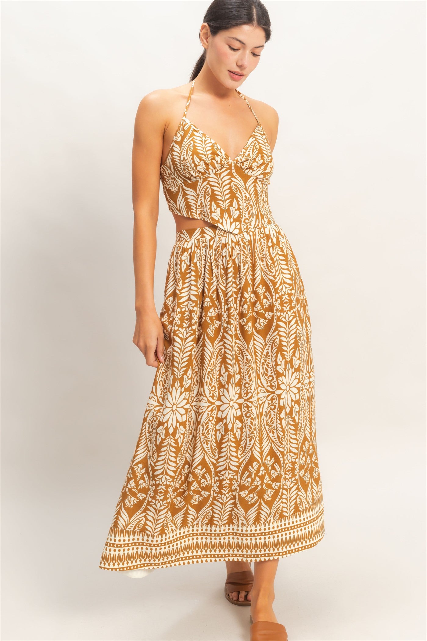 Wholesale Tropical Halter & Skirt Set Clothing HF26A863-SET BROWN HYFVE