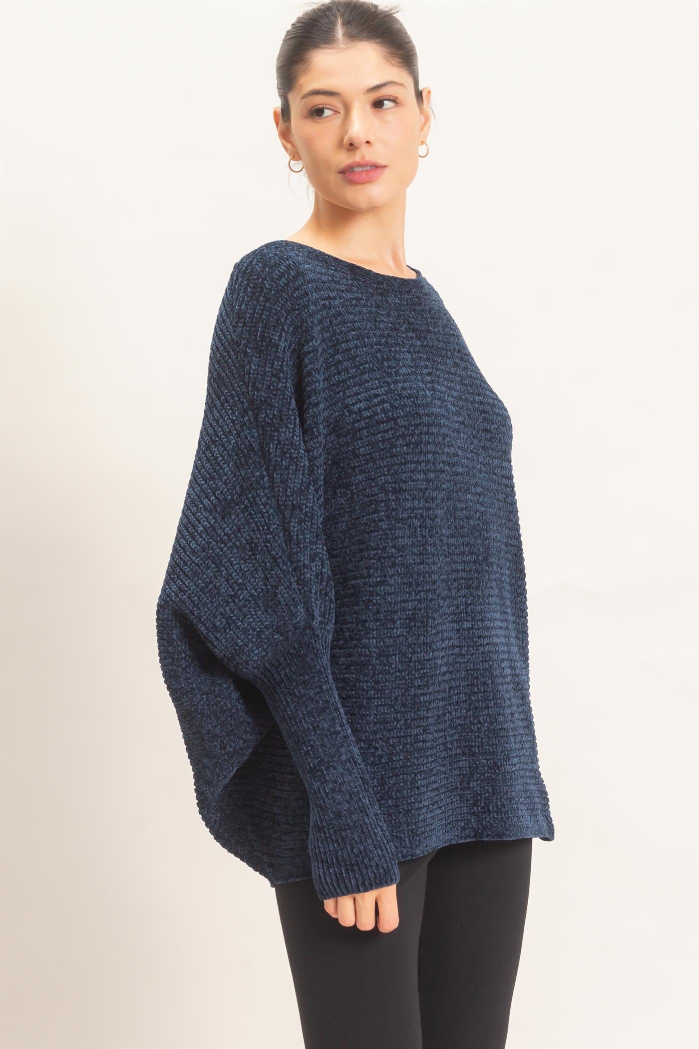Wholesale Chenille Boat Neck Dolman Sleeve Sweater Sweaters HF26F185 NAVY HYFVE