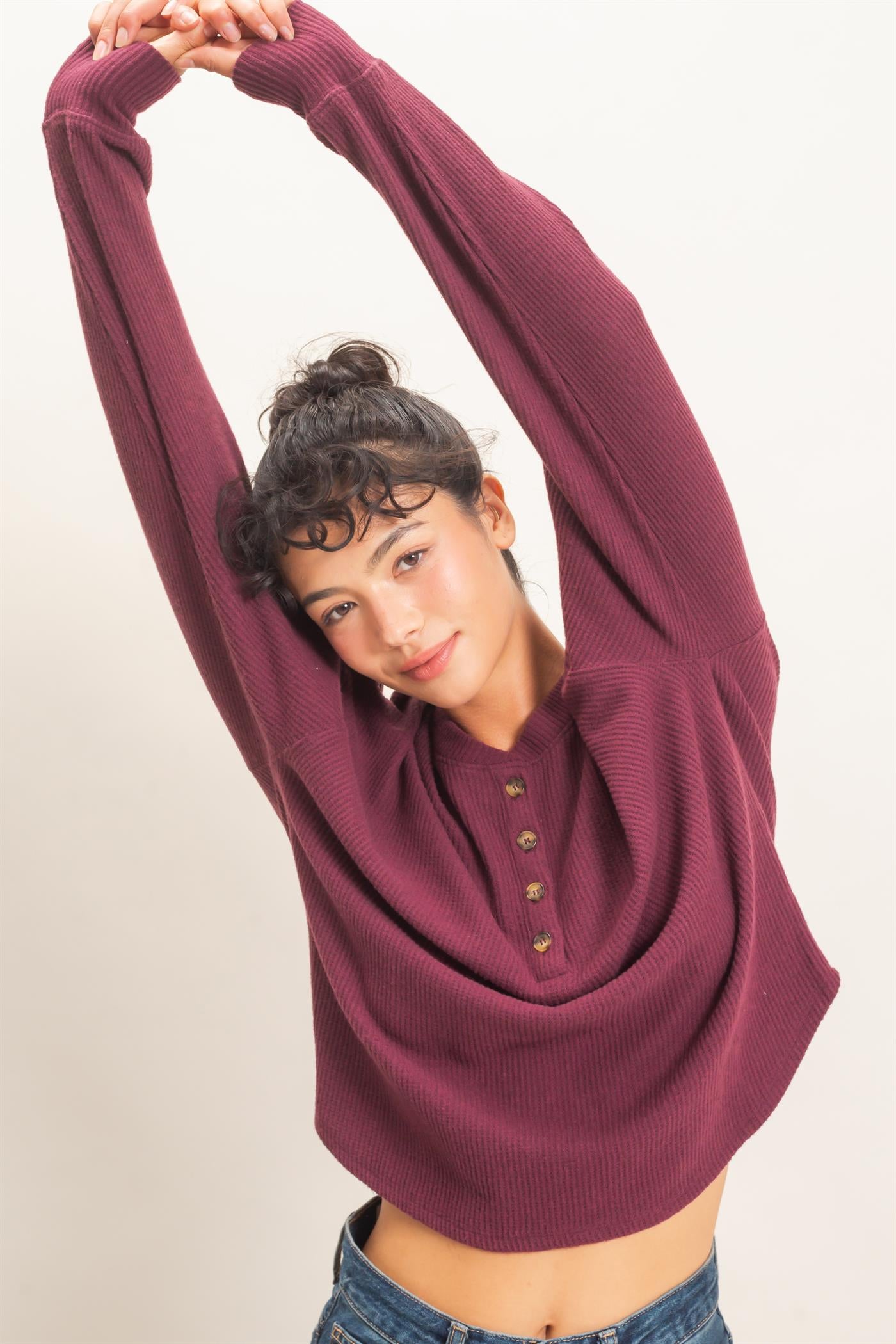 Wholesale Brushed Waffle Henley Top Clothing Tops DZ26F314 DARK CHERRY DOUBLE ZERO