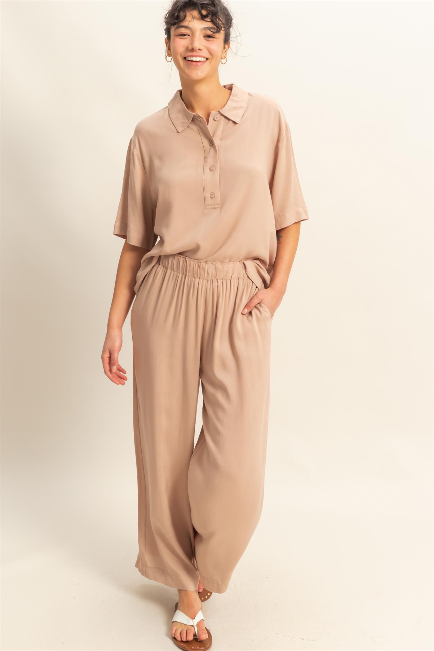 Wholesale High Waist Woven Wide Leg Pants Pants DZ25C192 DARK TAUPE DOUBLE ZERO