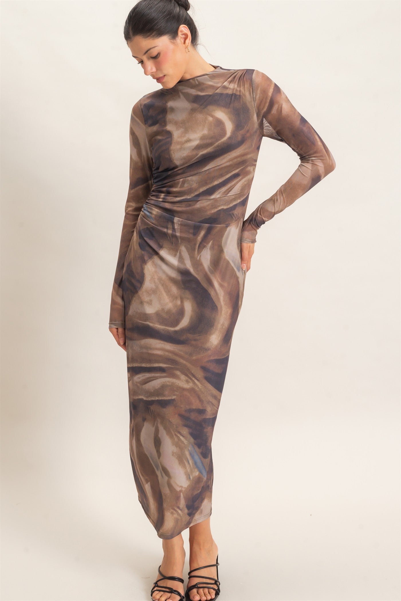 Wholesale Abstract Mesh Knit Dress Dresses HF26F119 BROWN HYFVE