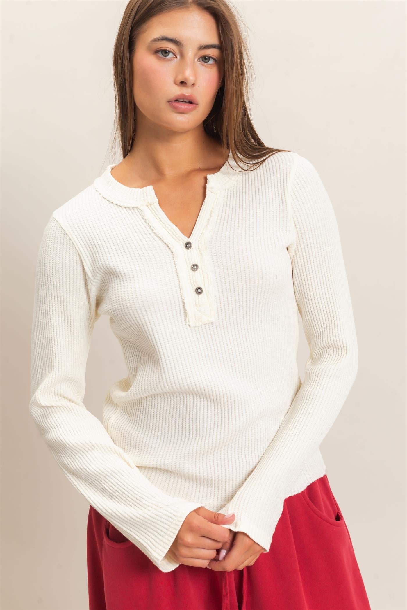Wholesale Mineral Wash Waffle Henley Long Sleeve Top Clothing Tops DZ26E243 CREAM DOUBLE ZERO