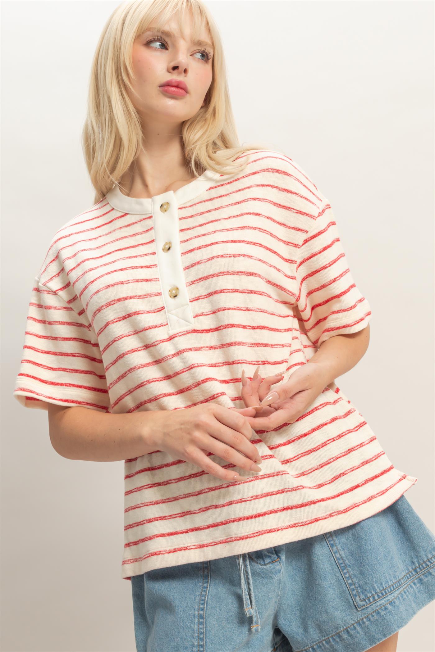 Wholesale Striped Short Sleeve Henley Top Clothing Tops DZ26A653 RED DOUBLE ZERO