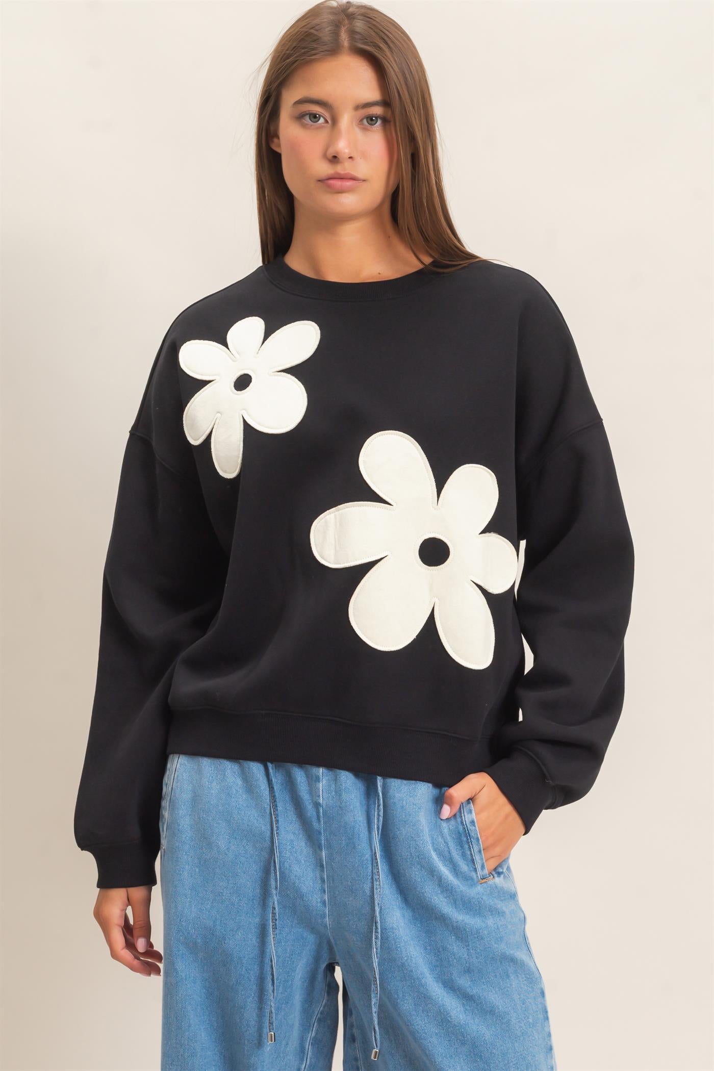 Wholesale Floral Applique Crew Neck Sweatshirt Sweatshirts DZ26E708 BLACK DOUBLE ZERO