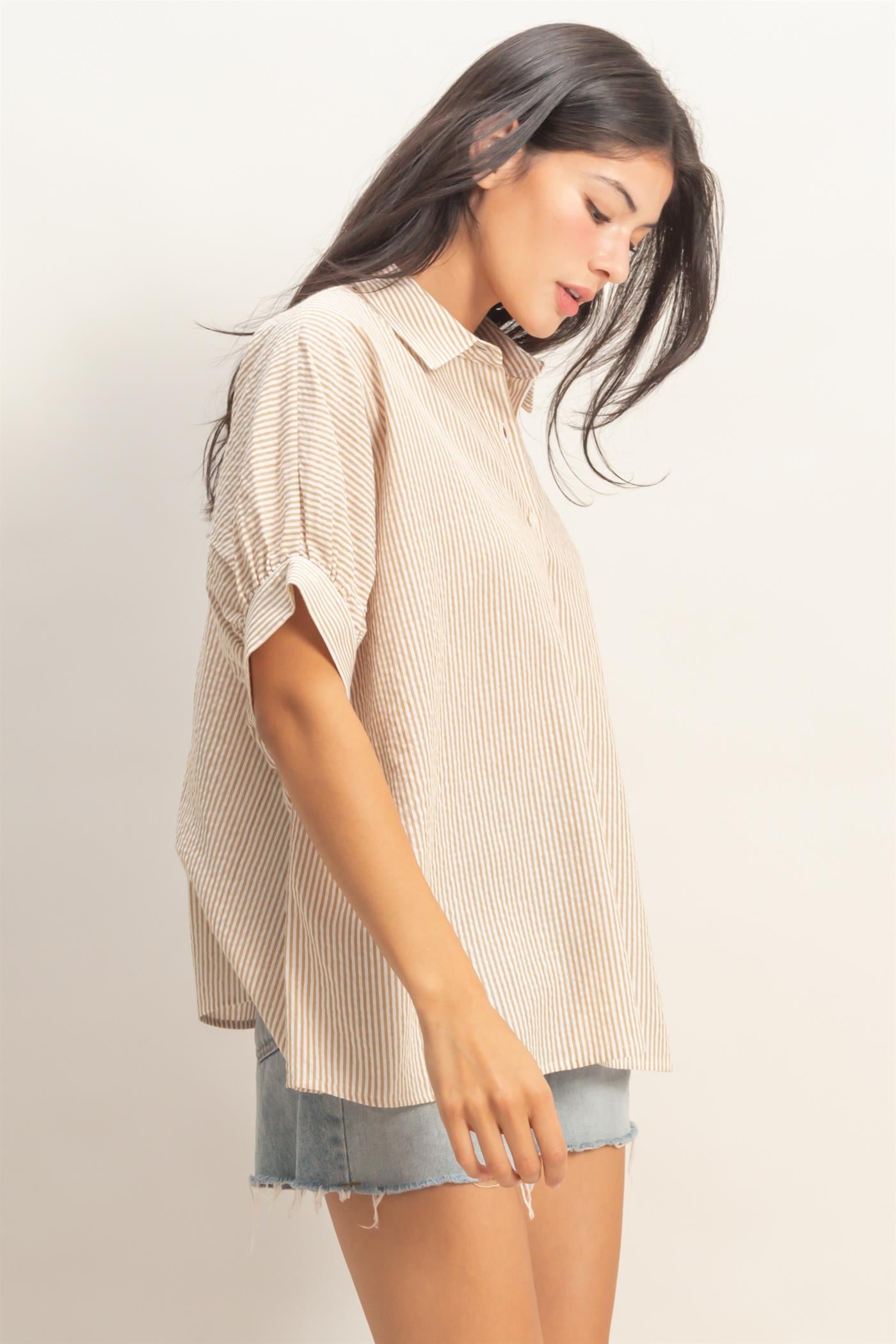 Wholesale Striped Short Sleeve Button-Front Blouse T-Shirts DZ26C276 TAUPE DOUBLE ZERO