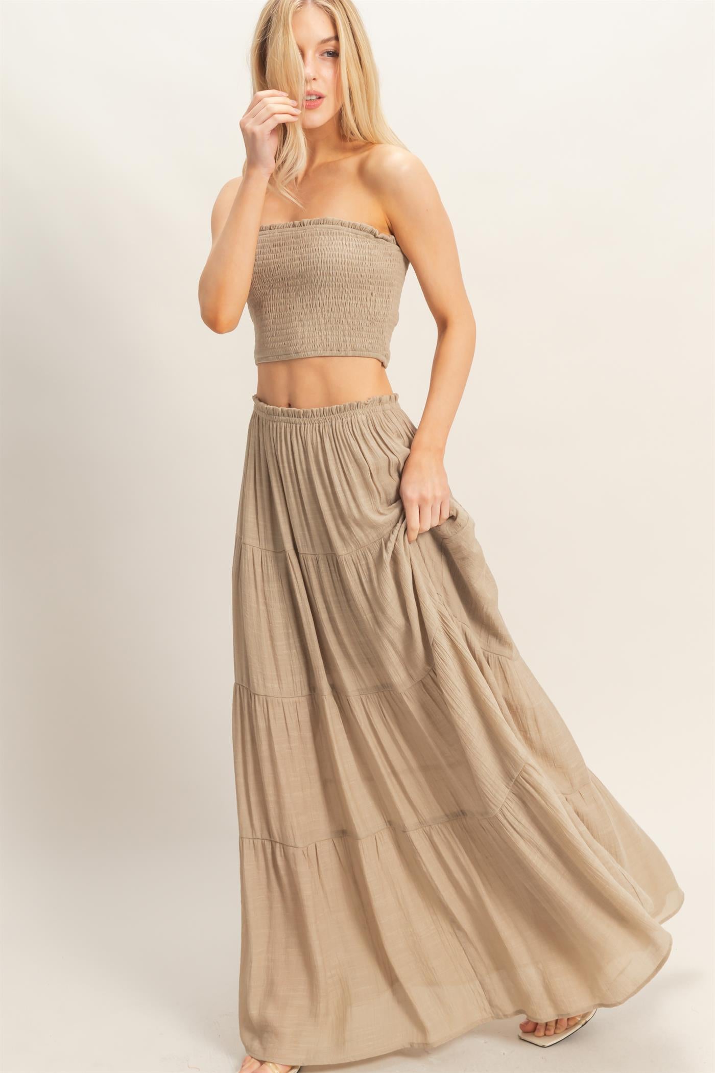 Wholesale Smocked Tube Top & Tiered Skirt Set Clothing HF26C289-SET-D TAUPE HYFVE