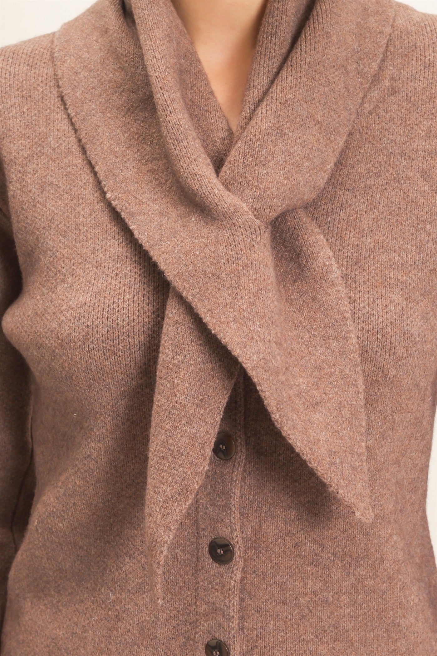Wholesale Attached Scarf Button-Front Cardigan Cardigans HF26E870 MOCHA HYFVE