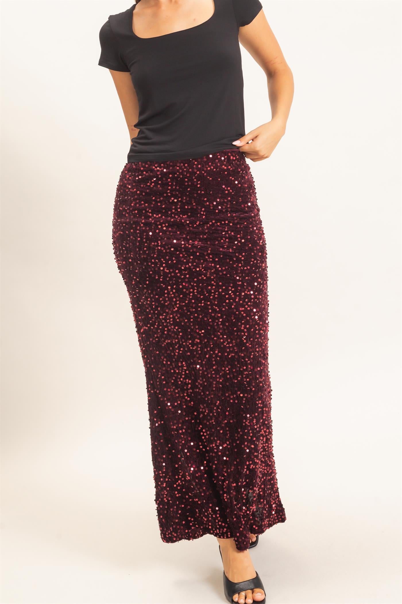 Wholesale Sequin Midi Skirt Skirts HF26F121 BURGUNDY HYFVE