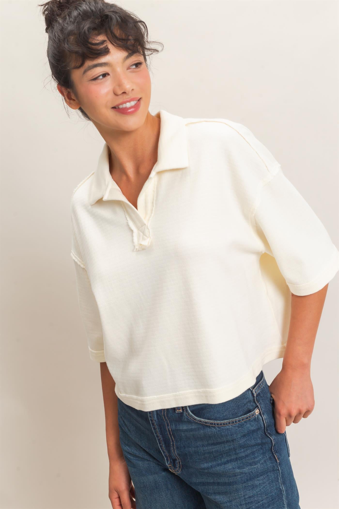 Wholesale Mineral Wash Oversized Collar Short Sleeve Top Clothing Tops DZ26E813 CREAM DOUBLE ZERO