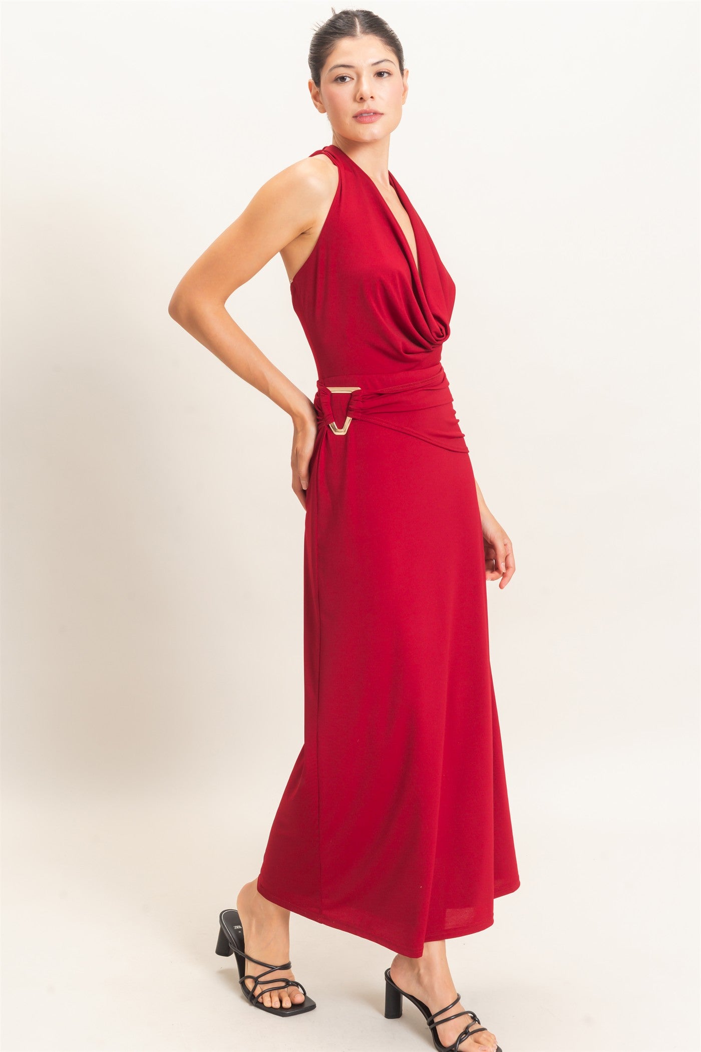 Wholesale Draped Halter Neck Dress Dresses HF26C663 DARK RED HYFVE