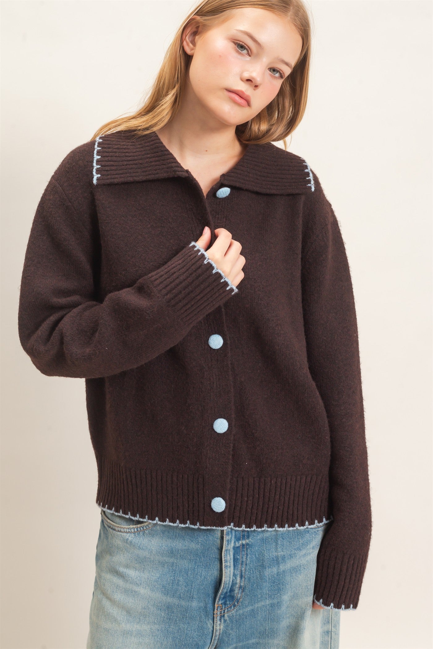 Wholesale Blanket Stitch Collared Cardigan Cardigans HF26F356 CHOCOLATE HYFVE