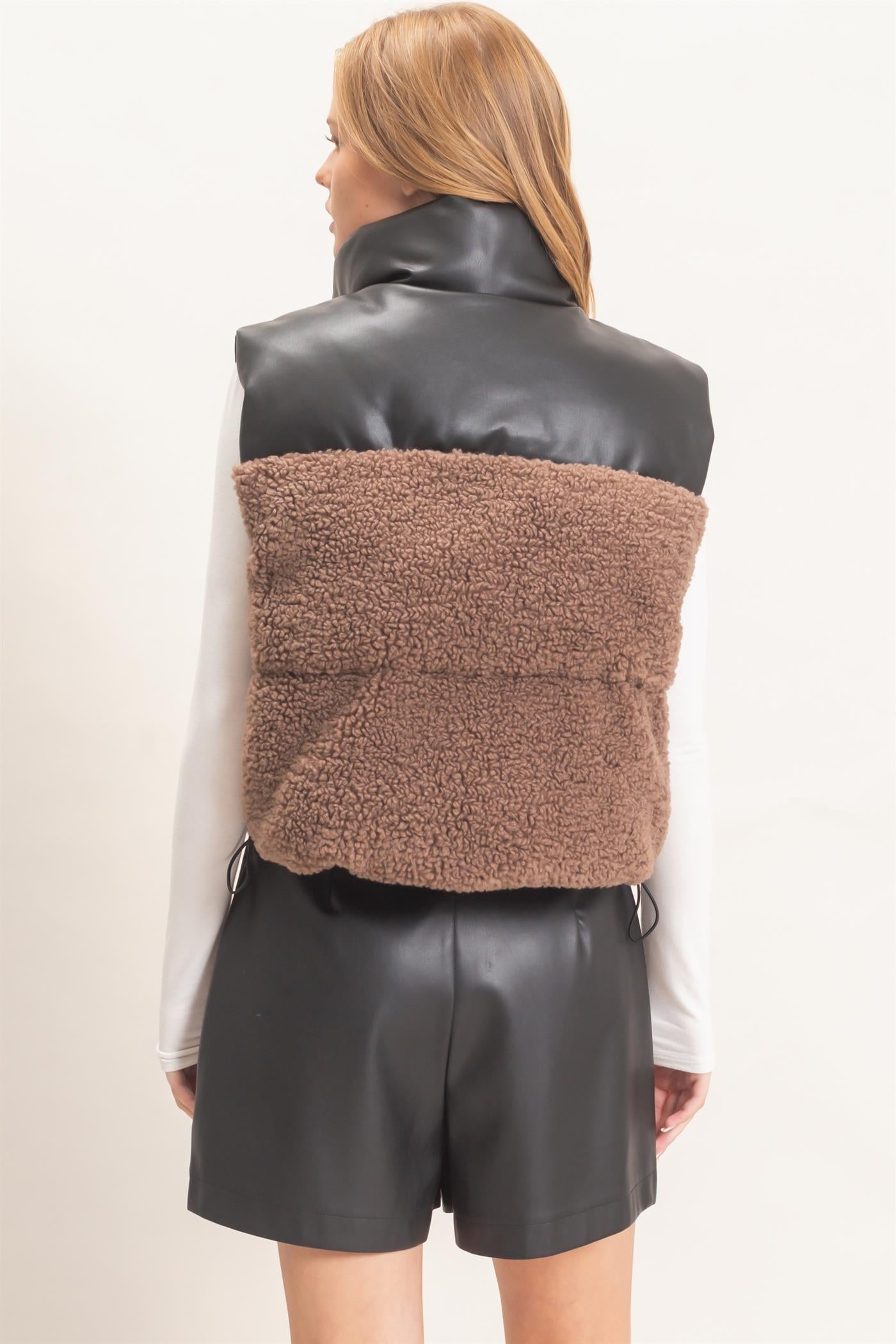 Wholesale Faux Fur & Pu Padded Vest Outerwear HF26F204 MOCHA HYFVE