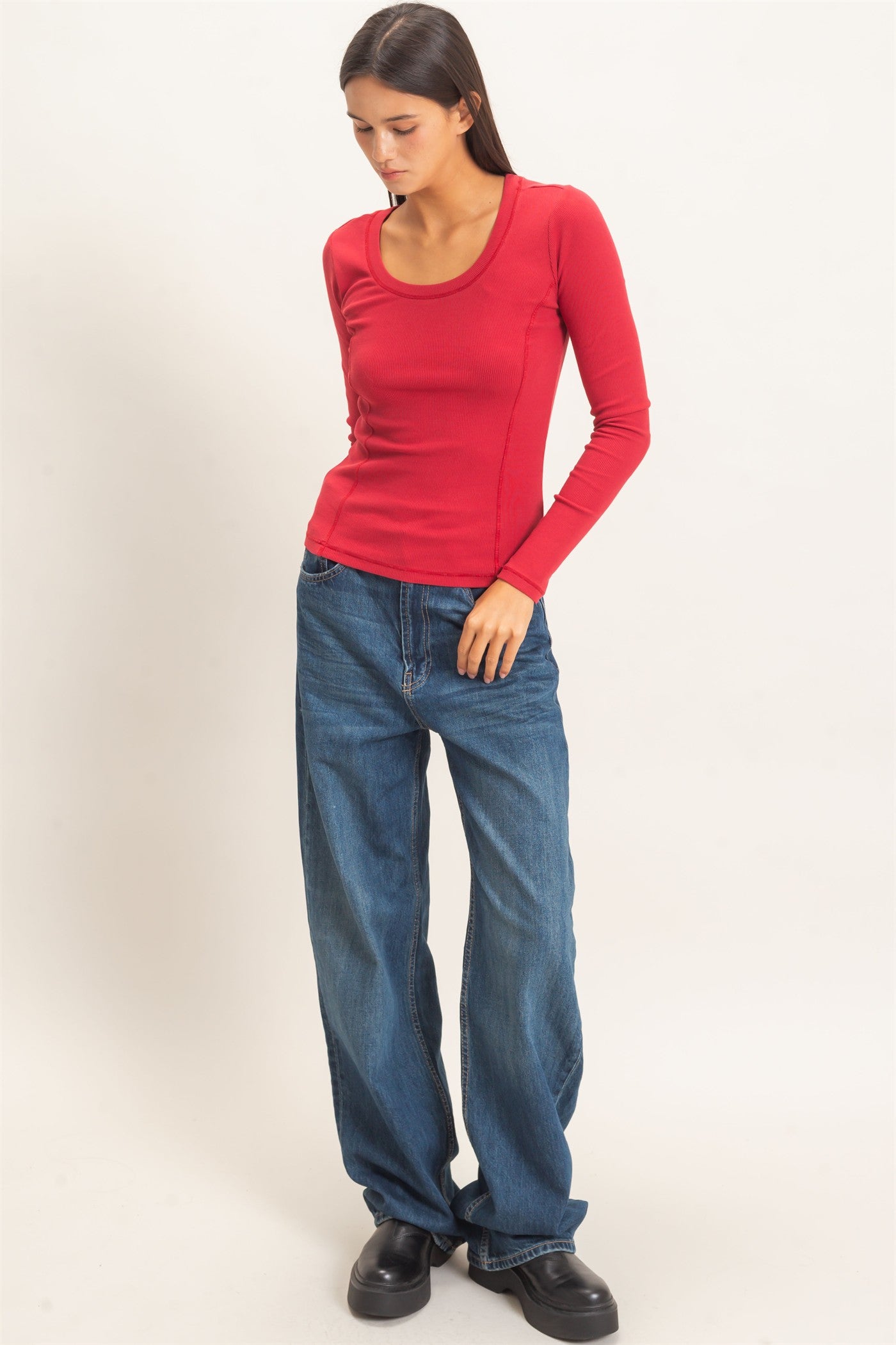 Wholesale Pigment Dye Seam Detail Scoop Neck Top Clothing Tops DZ26E242 DARK RED DOUBLE ZERO