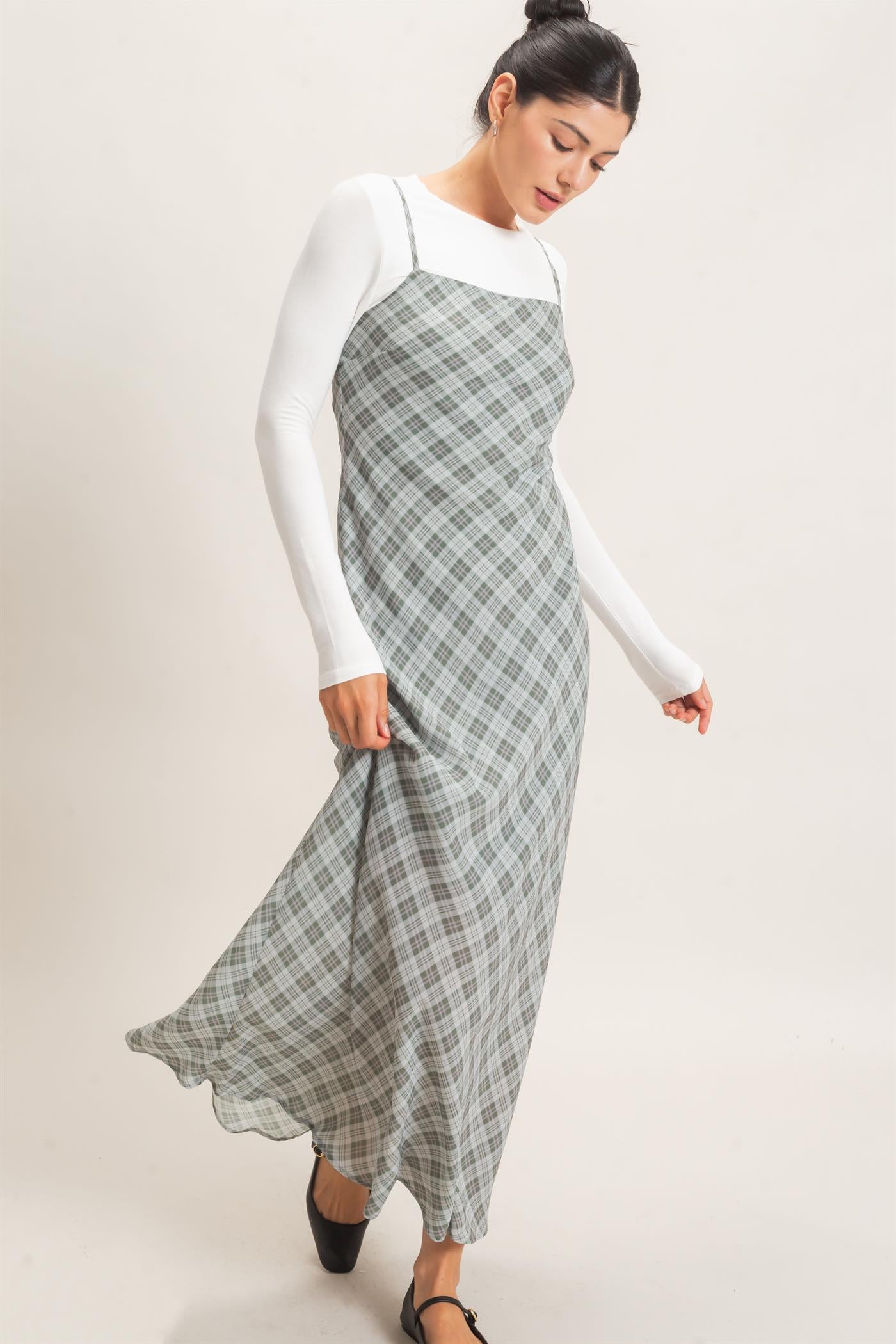 Wholesale Plaid Spaghetti Strap Maxi Dress Dresses HF26E573 SAGE GREEN HYFVE
