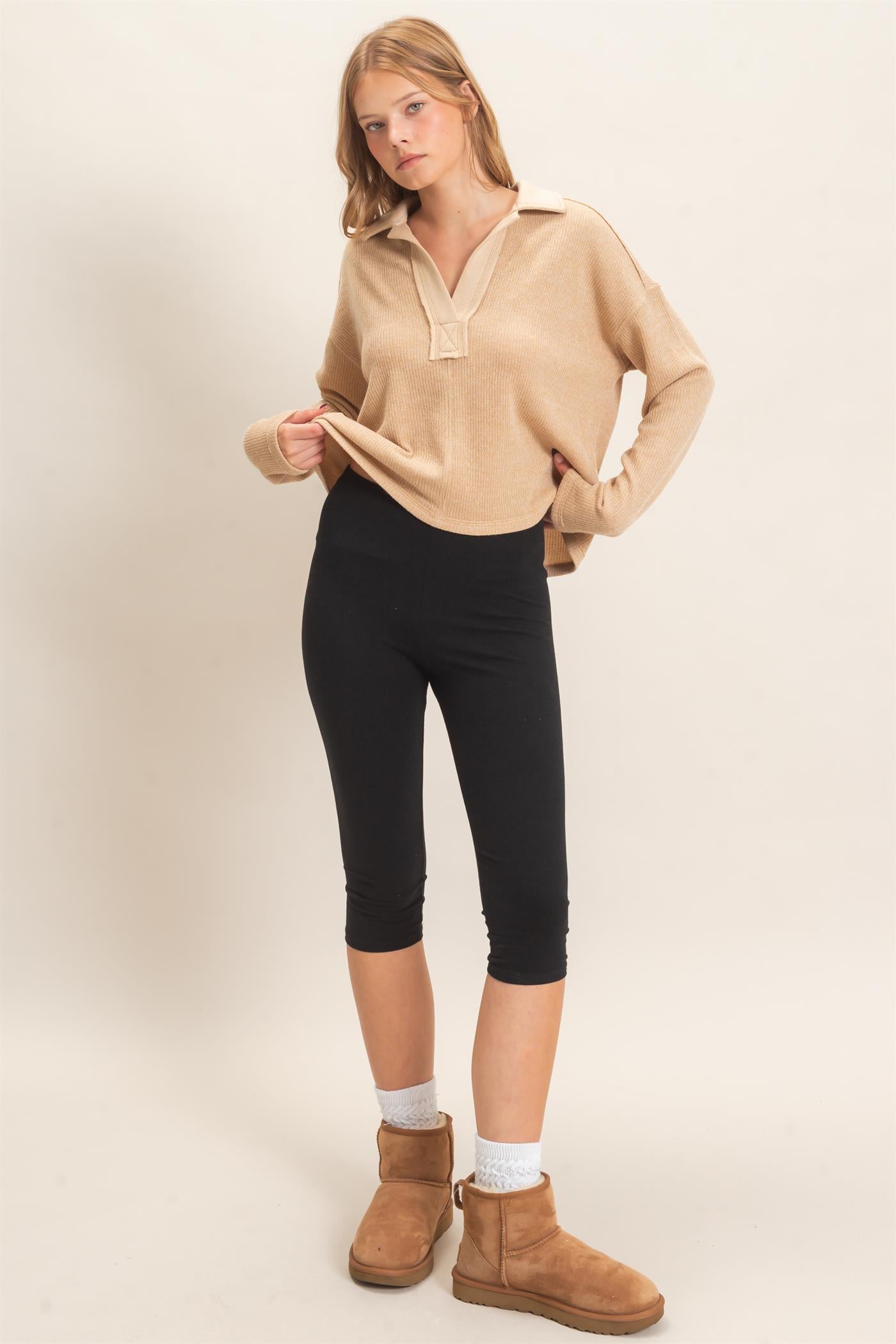 Wholesale Ribbed Collared Pullover Top Clothing Tops HF26E472 CAMEL HYFVE