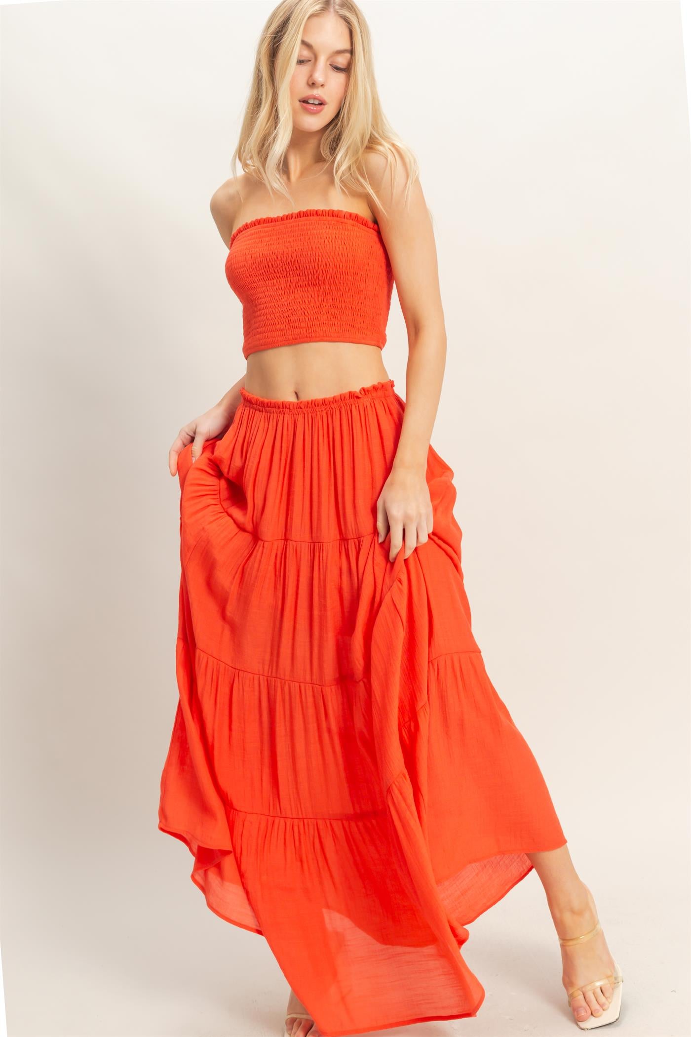 Wholesale Smocked Tube Top & Tiered Skirt Set Clothing HF26C289-SET-D ORANGE RED HYFVE
