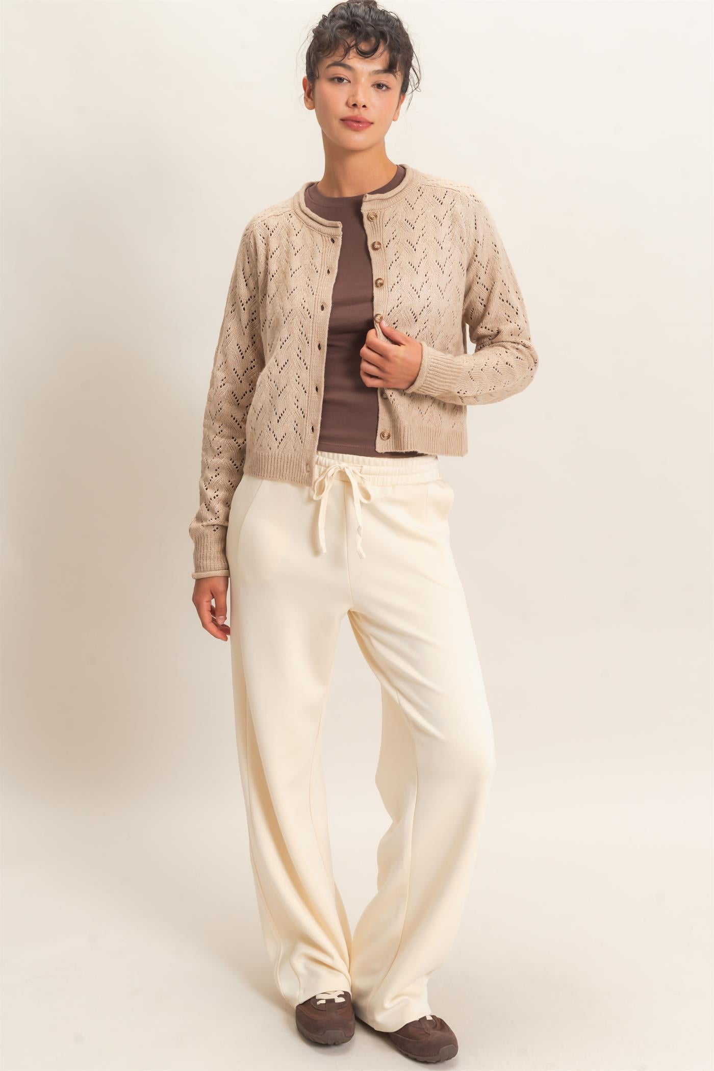 Wholesale Pointelle Knit Button Front Cardigan Cardigans DZ26C978 DARK TAUPE DOUBLE ZERO