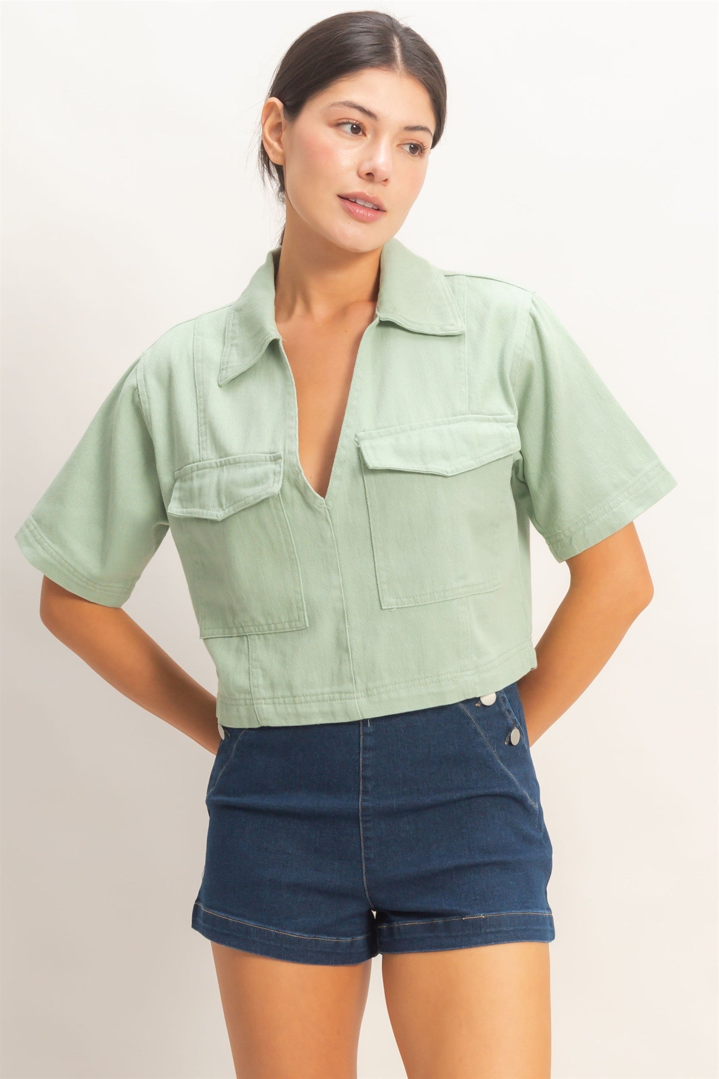 Wholesale Collared V-Neck Top Clothing Tops HF26E444 SAGE HYFVE