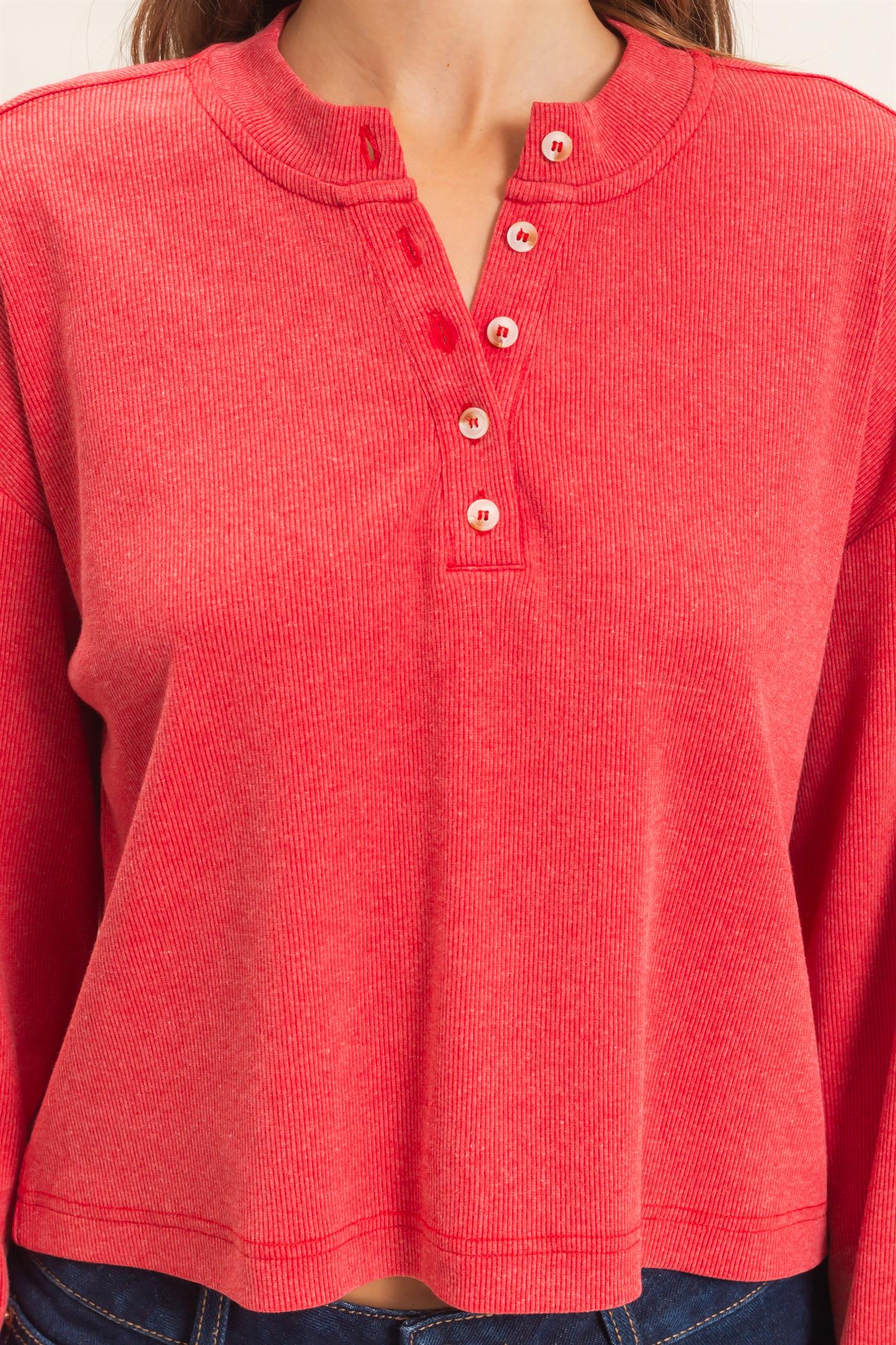 Wholesale Buttoned Henley Top Clothing Tops HF26F081 RED HYFVE