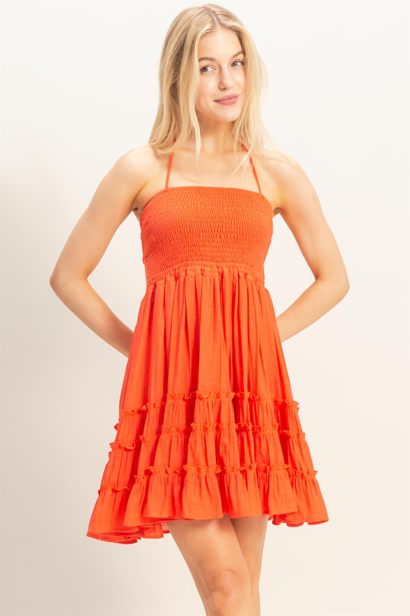 Wholesale Smocked Tiered Midi Dress Dresses HF26C299-D ORANGE RED HYFVE