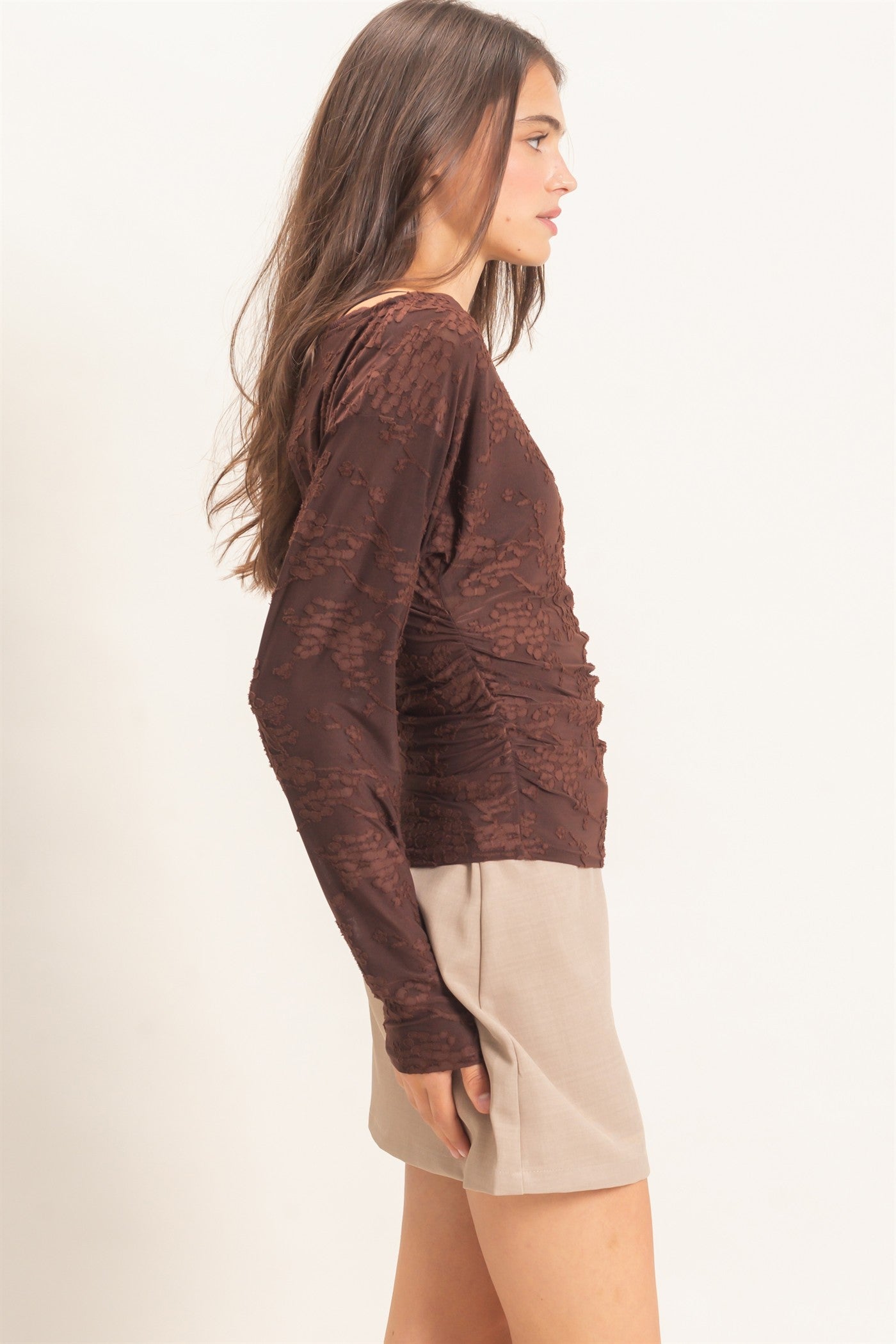 Wholesale Sheer Lace Boat Neck Top Blouses HF26E761 BROWN HYFVE