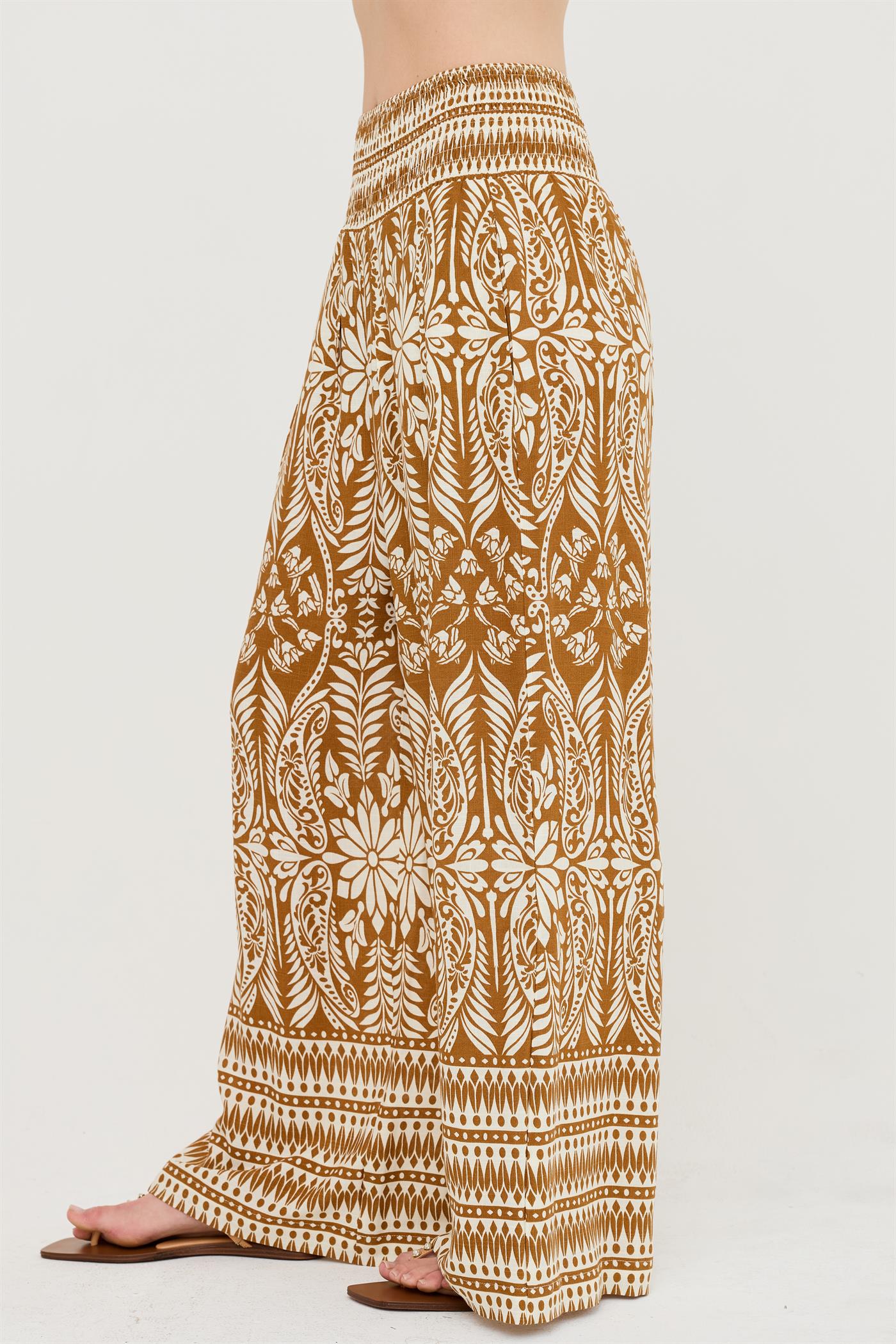 Wholesale Smocked Waist Floral Pants Pants HF26C161-D BROWN HYFVE