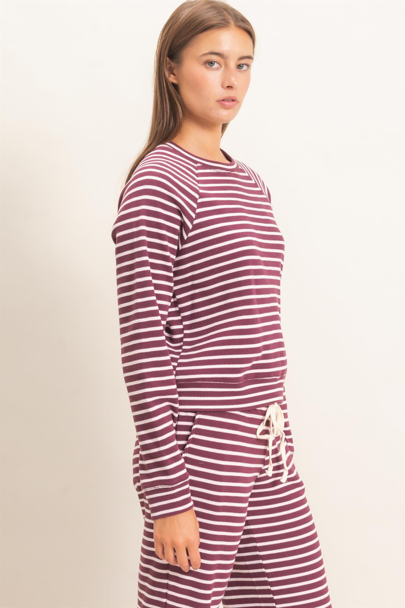 Wholesale Striped Waffle Knit Raglan Top Clothing Tops DZ26E450 DARK CHERRY DOUBLE ZERO