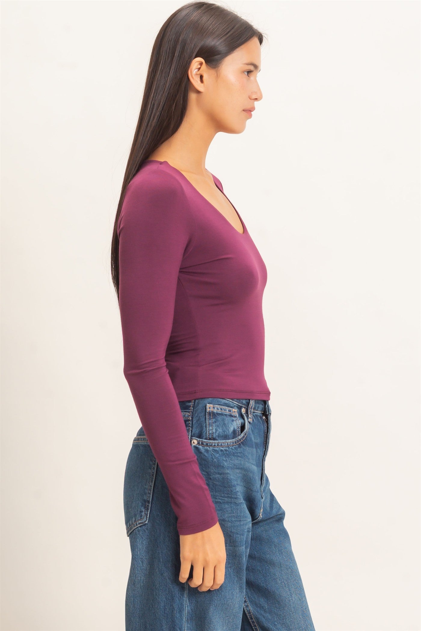 Wholesale Scoop Neck Long Sleeve Top Clothing Tops DZ26E250 DARK CHERRY DOUBLE ZERO