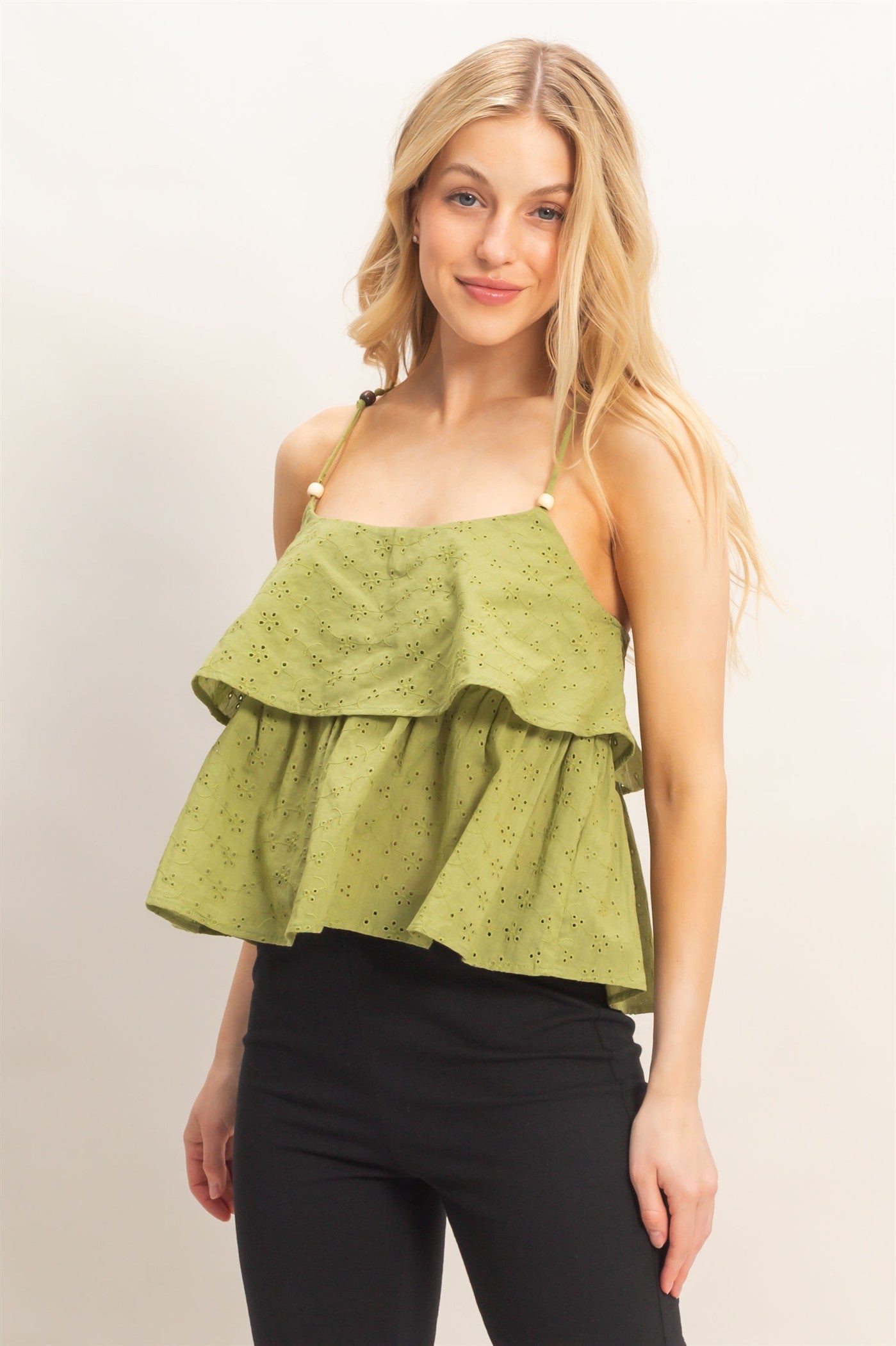 Wholesale Tiered Floral Eyelet Top Blouses HF26A852 LIGHT OLIVE HYFVE