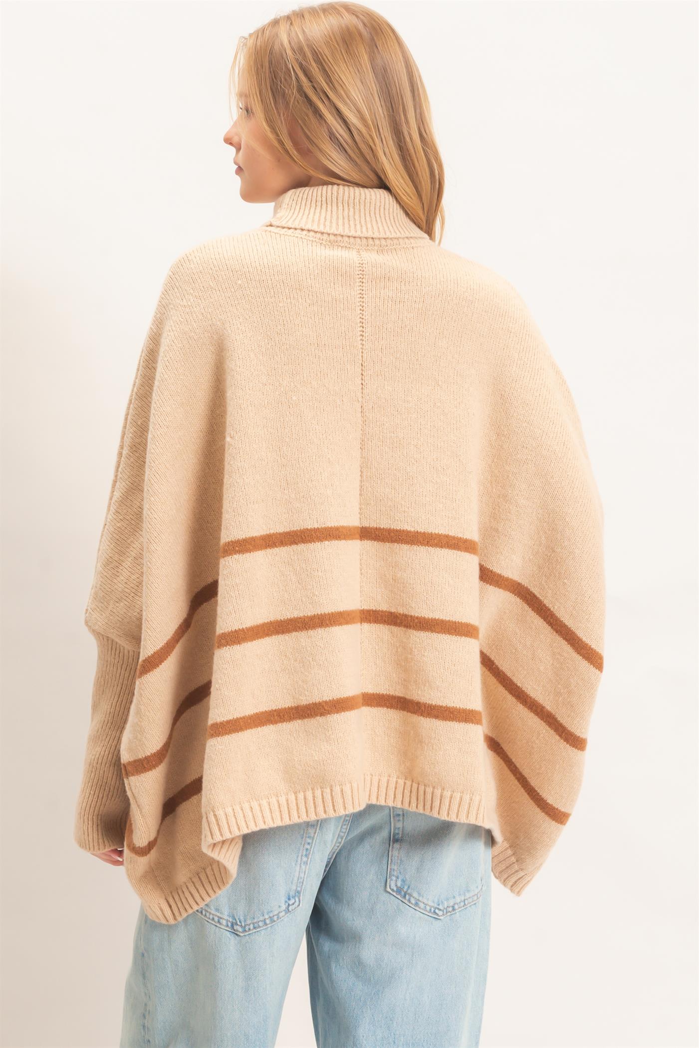 Wholesale Striped Turtleneck Poncho Sweater Sweaters HF26F194 L.TAUPE HYFVE