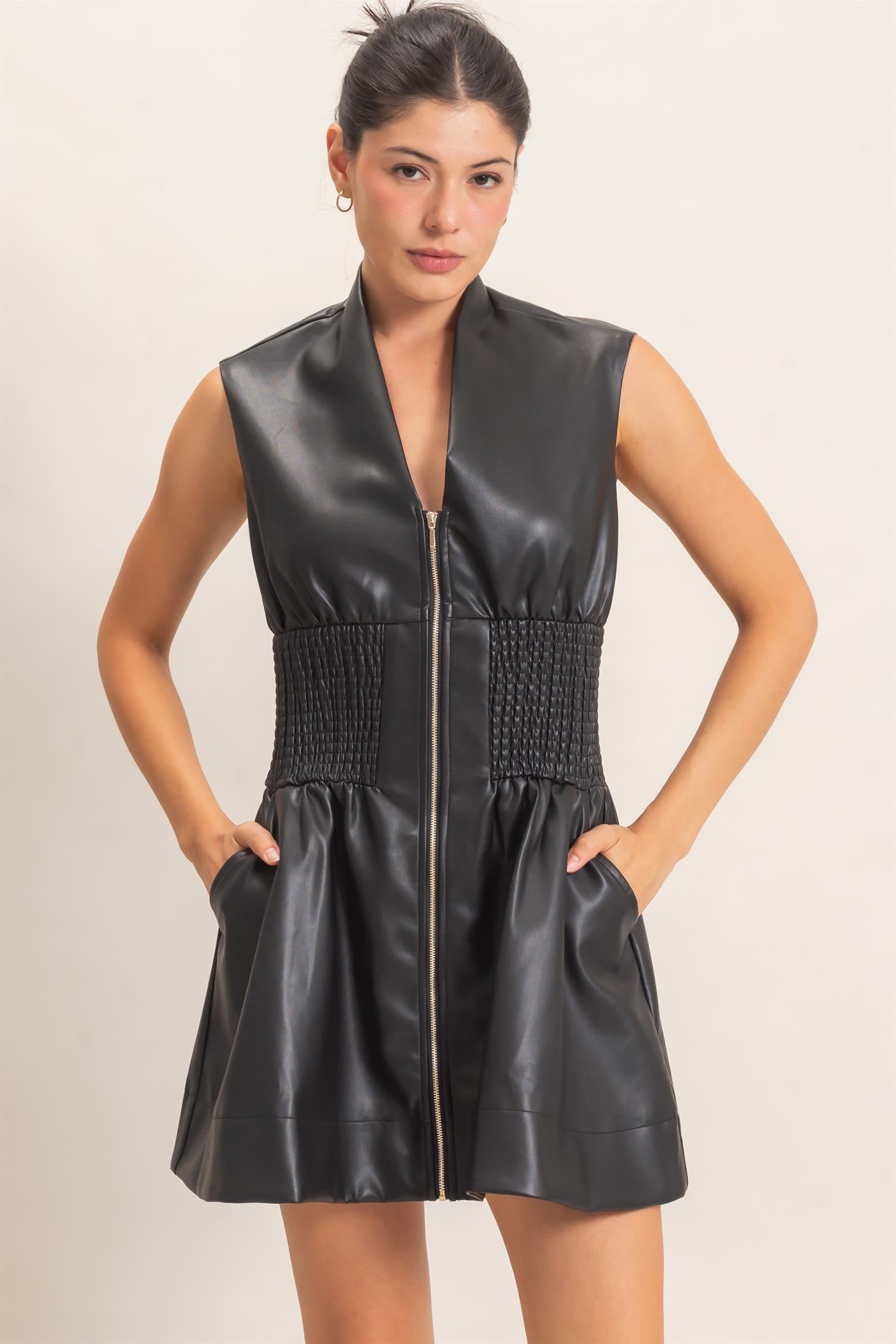 Wholesale Faux Leather Zip Front Dress Dresses HF26E364 BLACK HYFVE