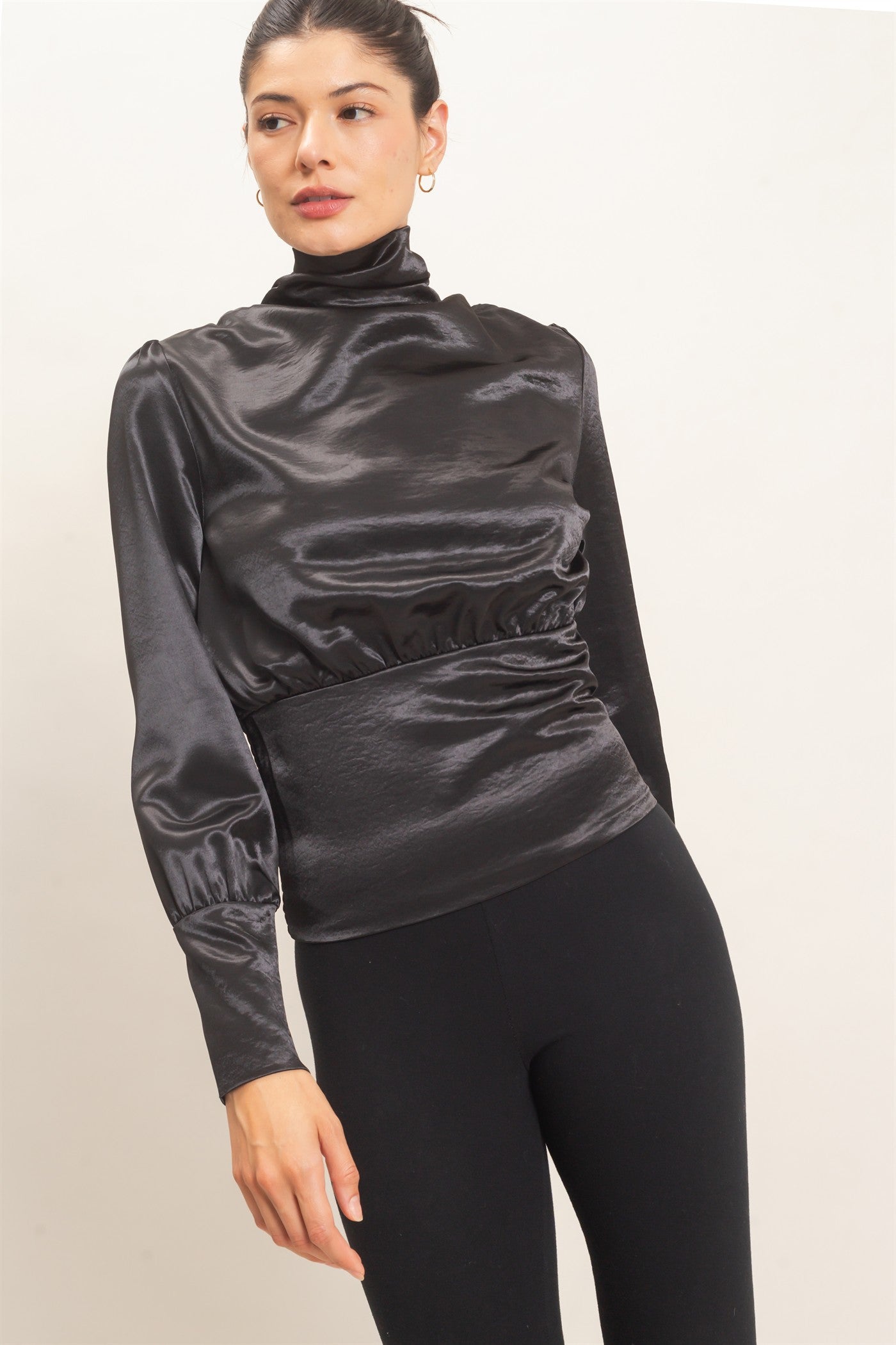 Wholesale Satin Cowl Back Blouse Blouses HF26F113 BLACK HYFVE
