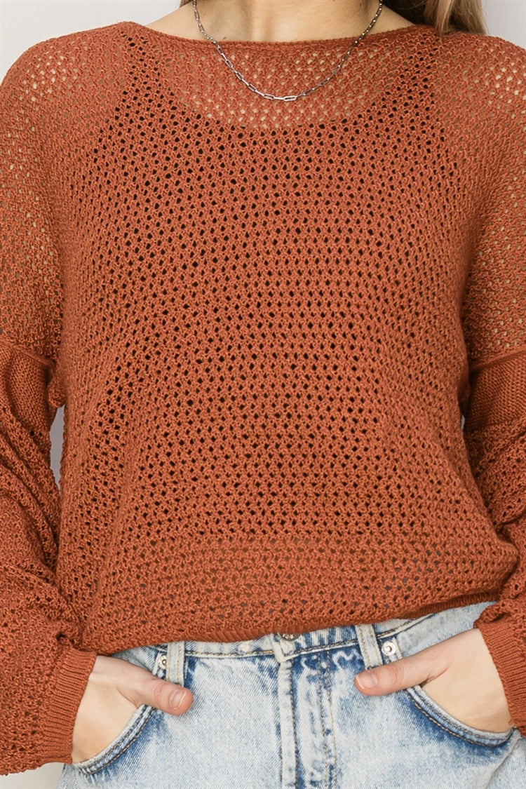 Wholesale Open Knit Drop Shoulder Sweater Clothing Tops DZ24C033 BAKED CLAY DOUBLE ZERO