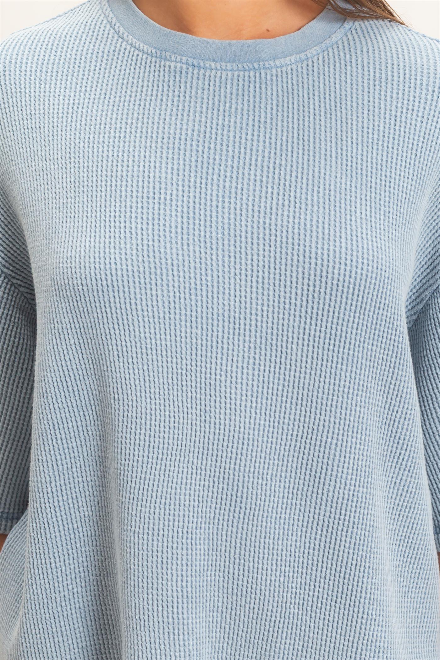Wholesale Mineral Wash Waffle Crew Neck Short Sleeve Top Clothing Tops DZ26E328 DUSTY BLUE DOUBLE ZERO