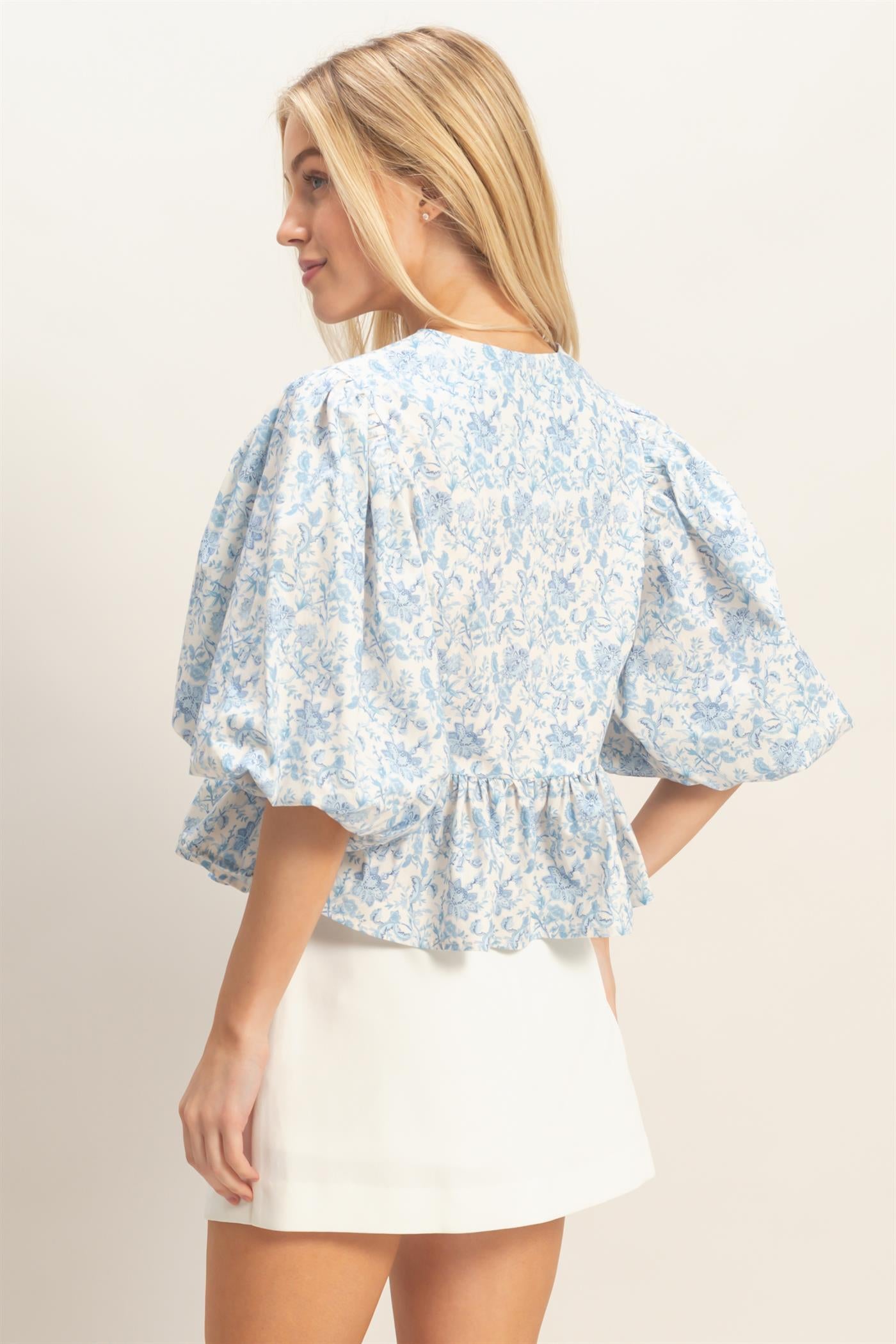 Wholesale Floral Tie-Front Peplum Top Clothing Tops HF26A353 BLUE HYFVE