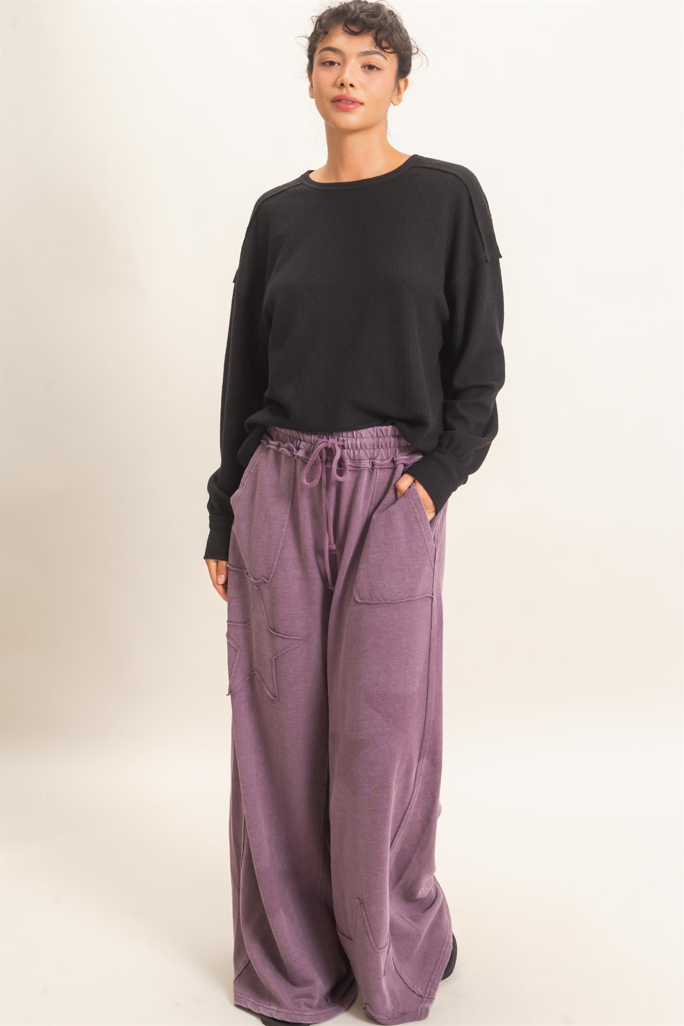 Wholesale Mineral Wash Star Patch And Print Wide Leg Pants Pants DZ26F060 DARK CHERRY DOUBLE ZERO
