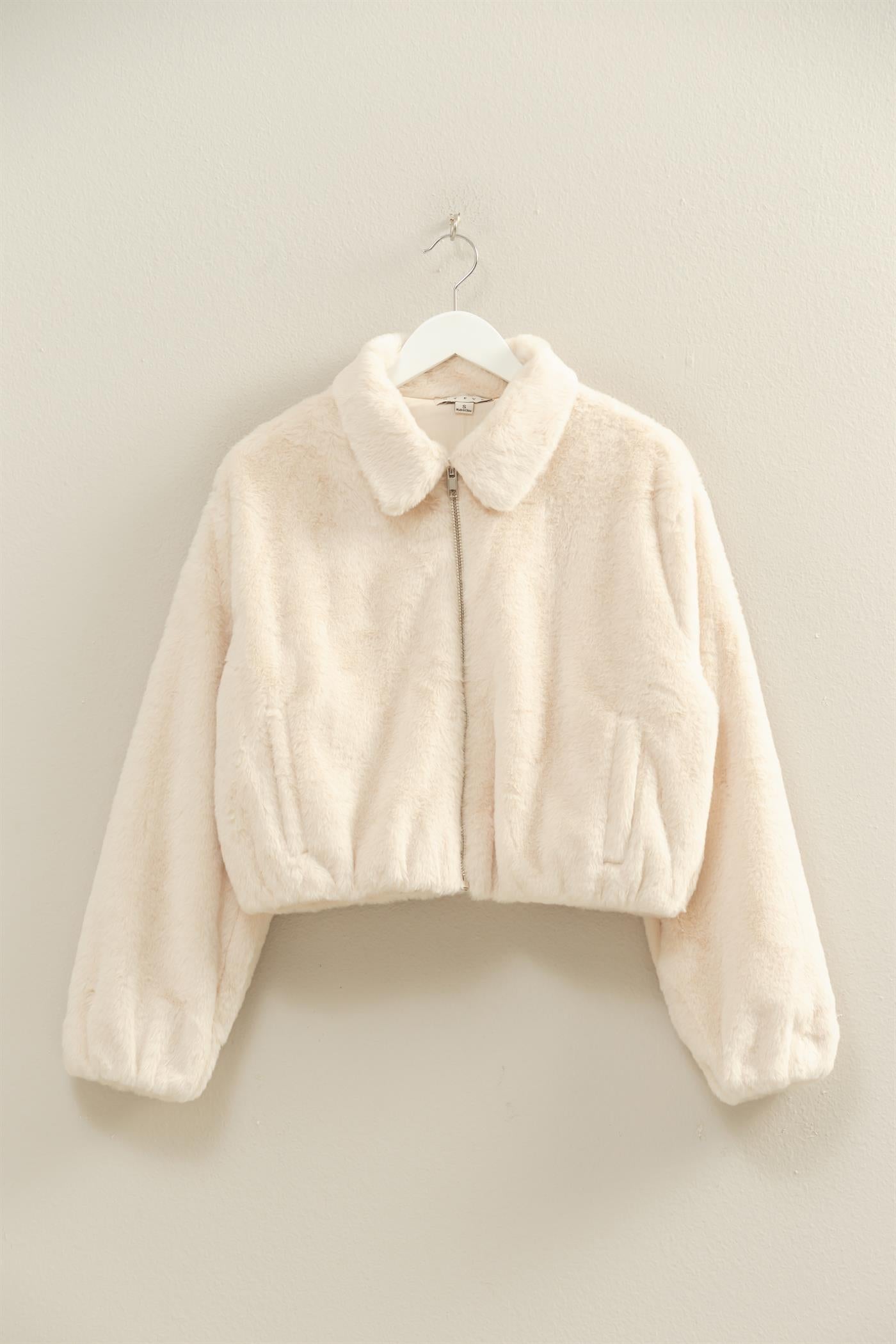Wholesale Faux Fur Zip Up Jacket With Plush Collar Coats & Jackets HF25E940 CREAM HYFVE
