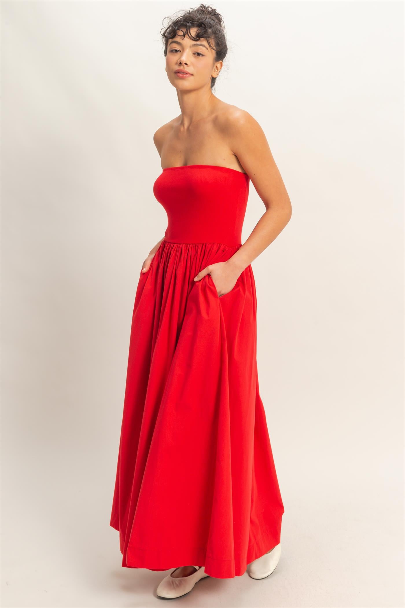 Wholesale Strapless Flowy Midi Dress Dresses DZ26A744 RED DOUBLE ZERO