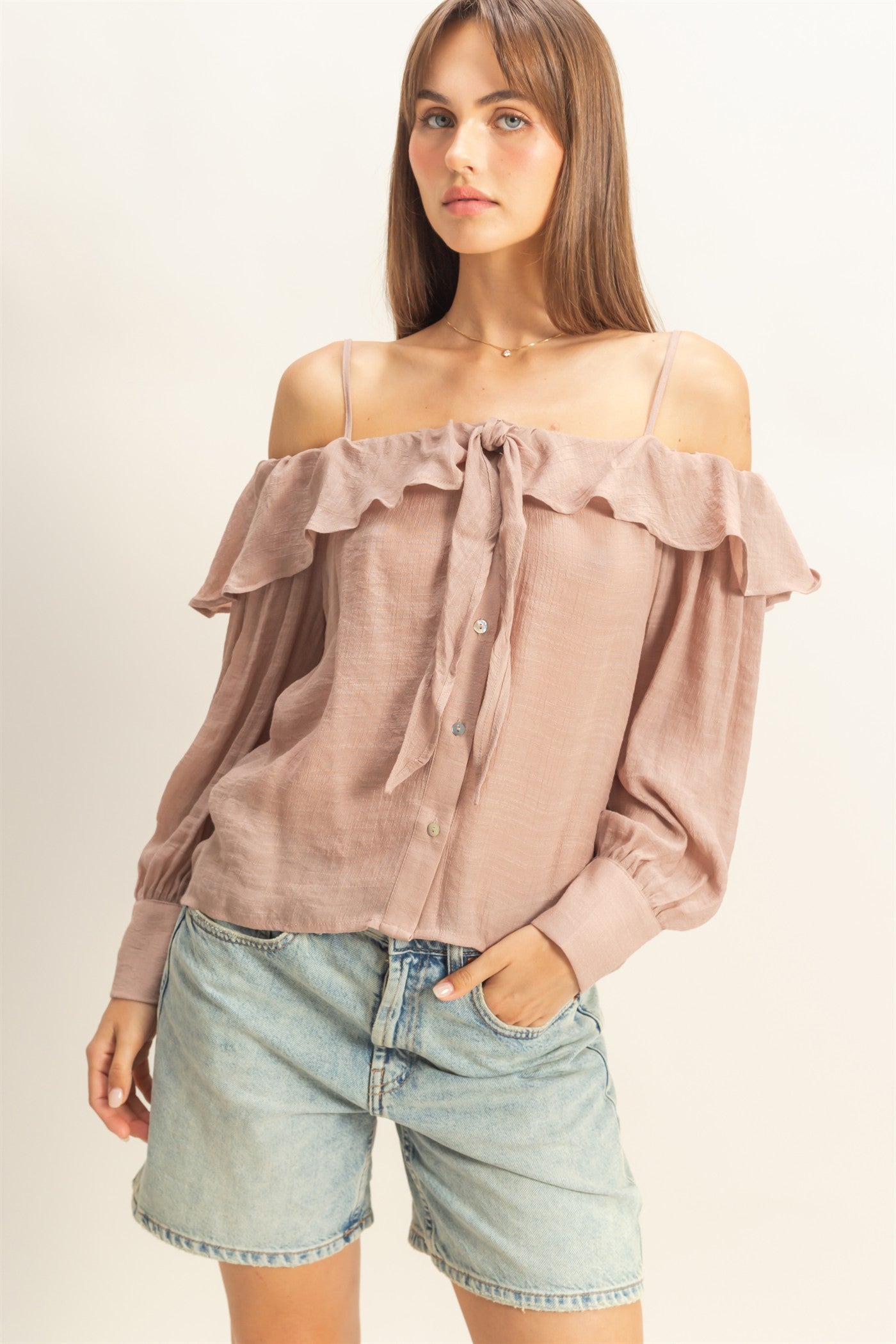 Wholesale Cold-Shoulder Ruffled Blouse Clothing Tops HF23C787 TAUPE HYFVE