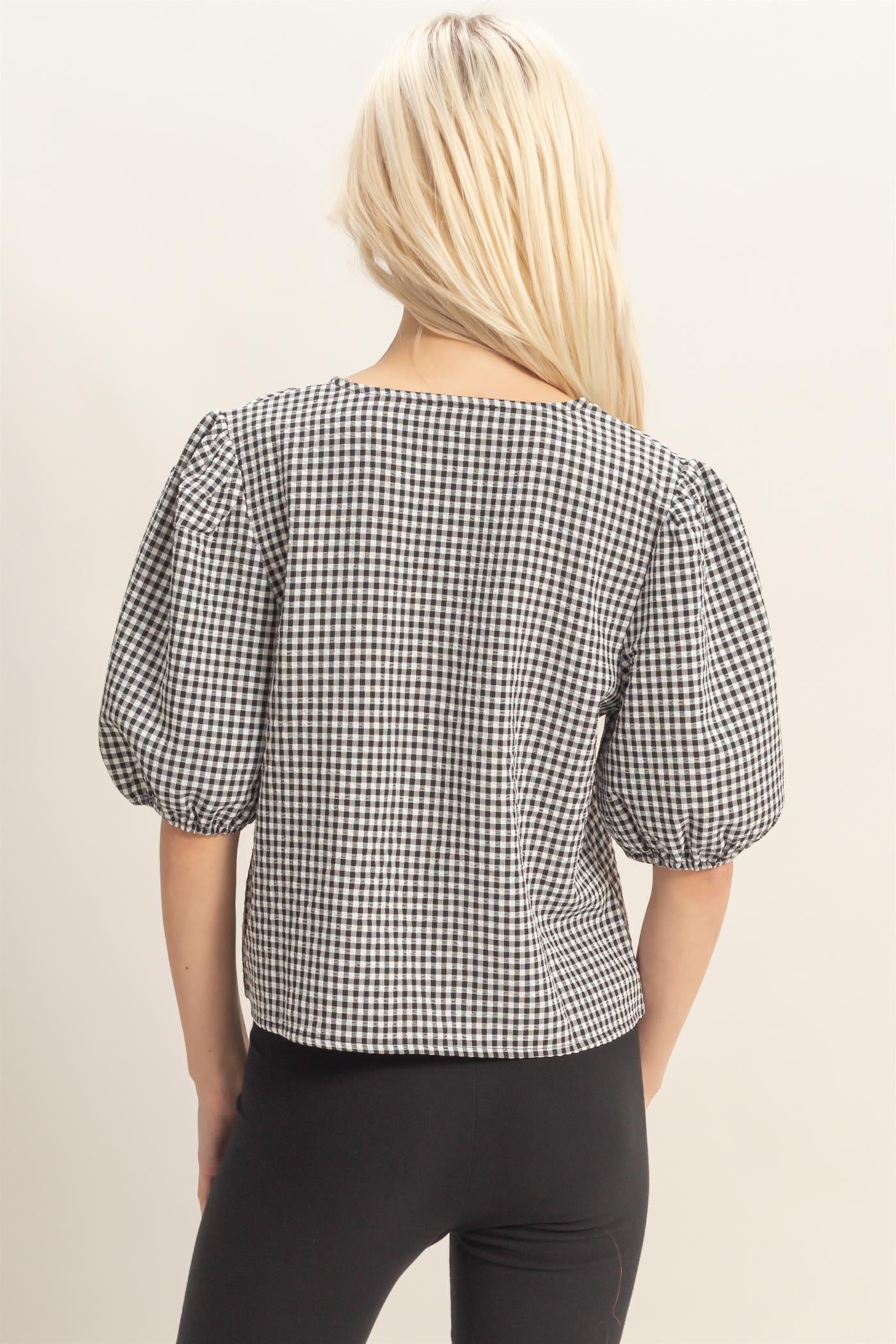 Wholesale Gingham Bow Tie Puff Sleeve Blouse Blouses DZ26C229 BLACK DOUBLE ZERO