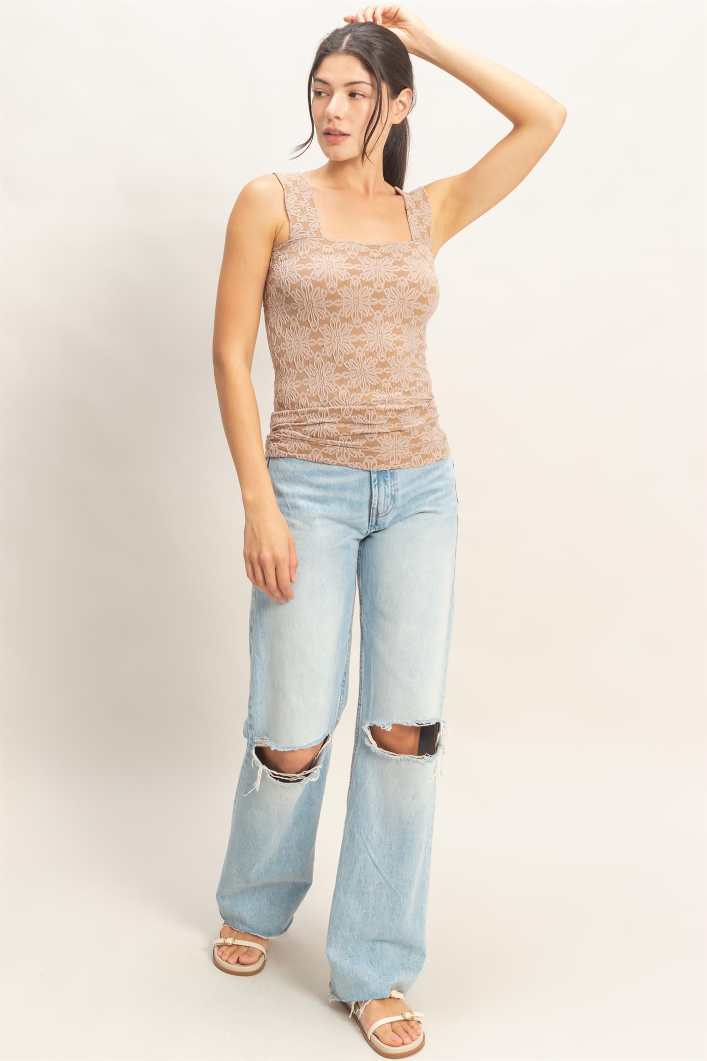 Wholesale Floral Jacquard Square Neck Top Tank Tops HF26E337 TAUPE HYFVE