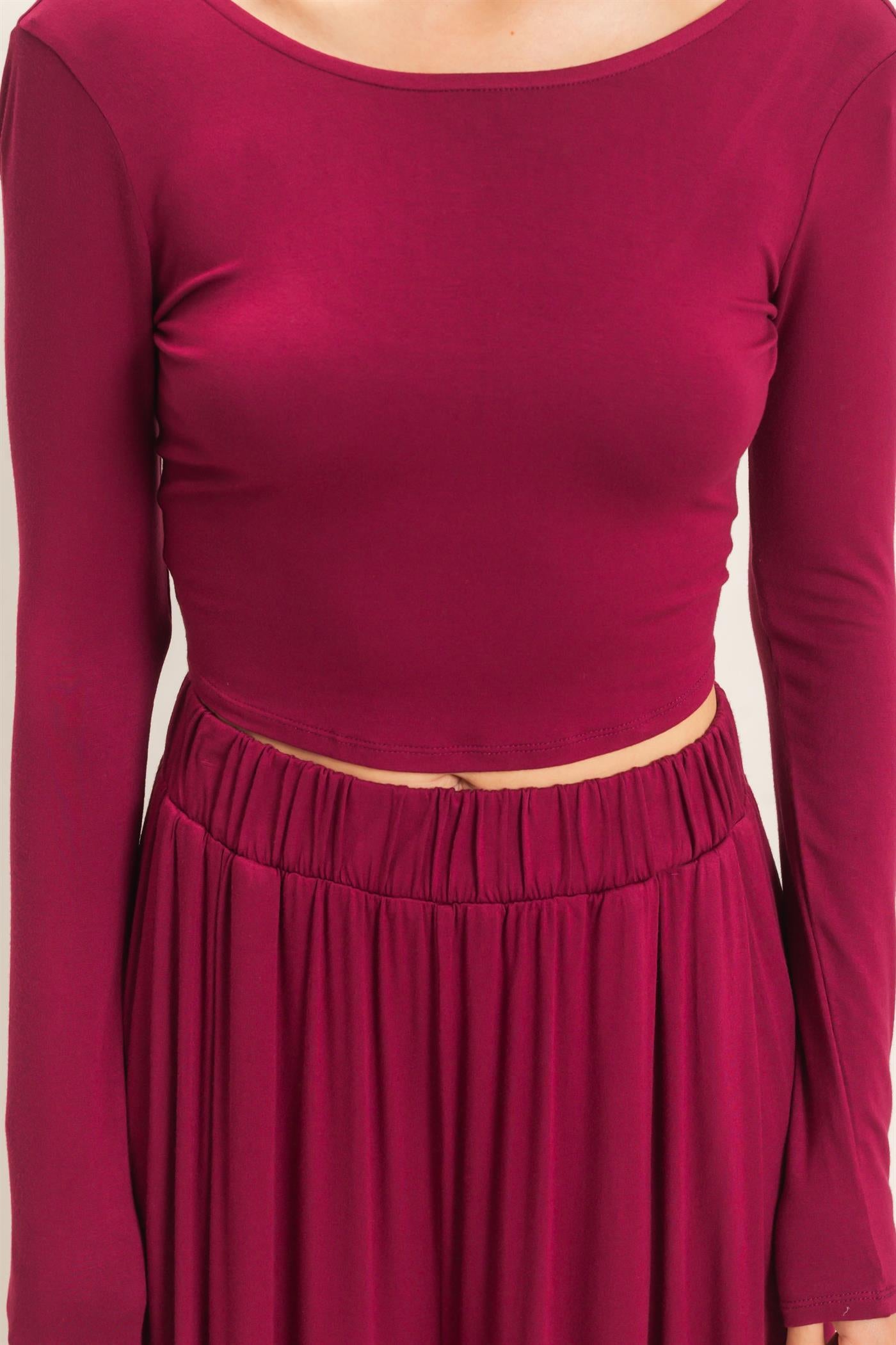 Wholesale Long Sleeve Top & Wide Leg Pants Set Clothing HF26F227-SET-D BURGUNDY HYFVE