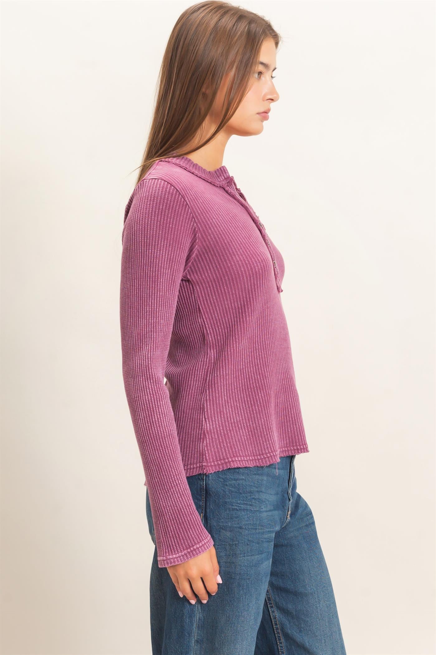 Wholesale Mineral Wash Waffle Henley Long Sleeve Top Clothing Tops DZ26E243 DARK CHERRY DOUBLE ZERO